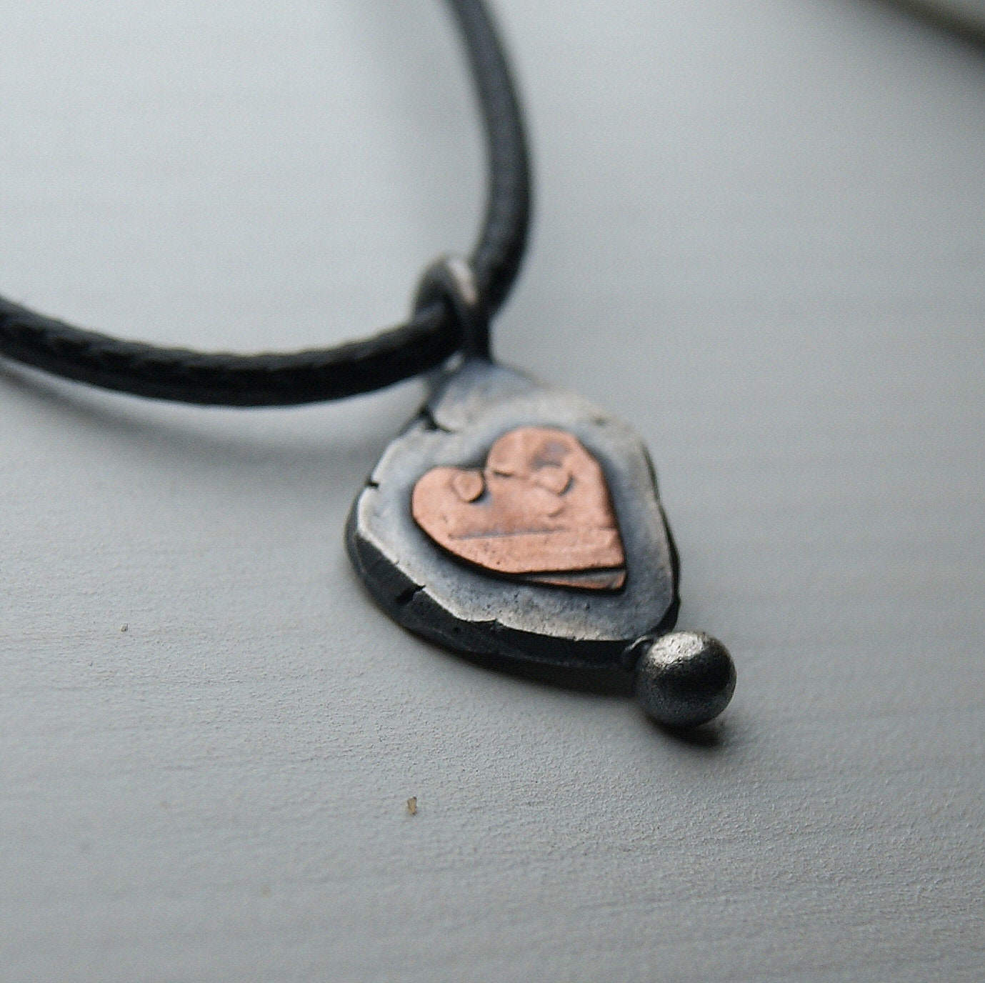 Boho Heart Necklace, Sterling Silver Organic Necklace, Tiny Heart Pendant, Silver and Copper Rustic Pendant, Delicate Oxidised Pendant