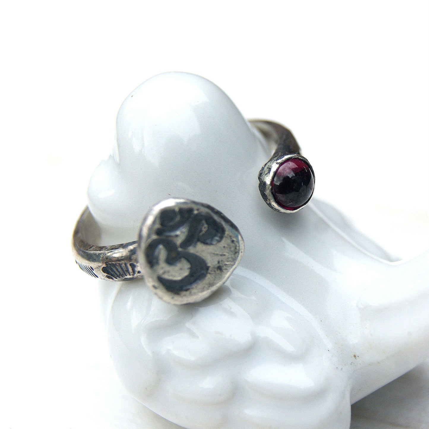 Aum Om Ohm Ring, Garnet Two Eyed Ring, Open Band Rustic Ring, Sterling Silver Jewellery