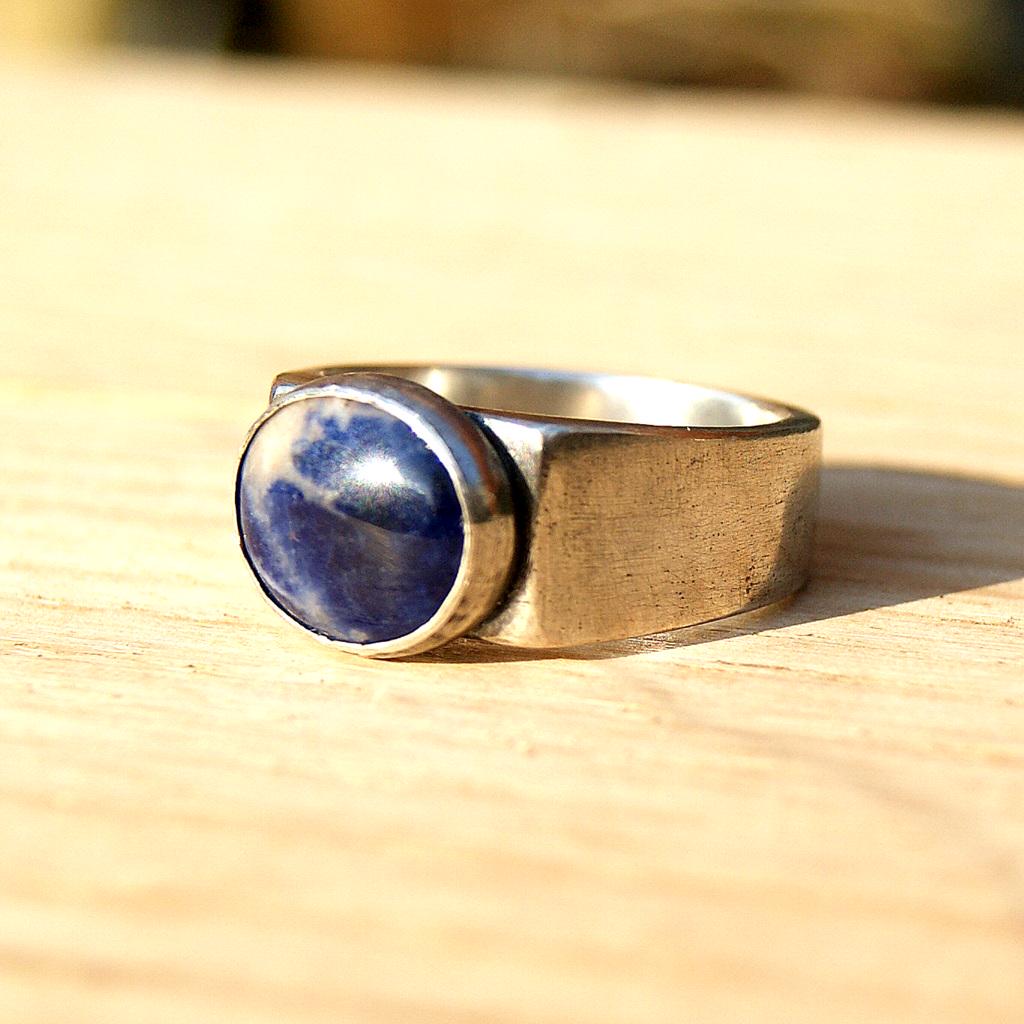 Heavy Silver Signet Ring, Hallmarked Signet with Sodalite Stone, Oxidised Jewellery, Blue Stone Ring