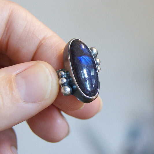 Labradorite Ring, Silver Oval Ring, Rustic Jewellery