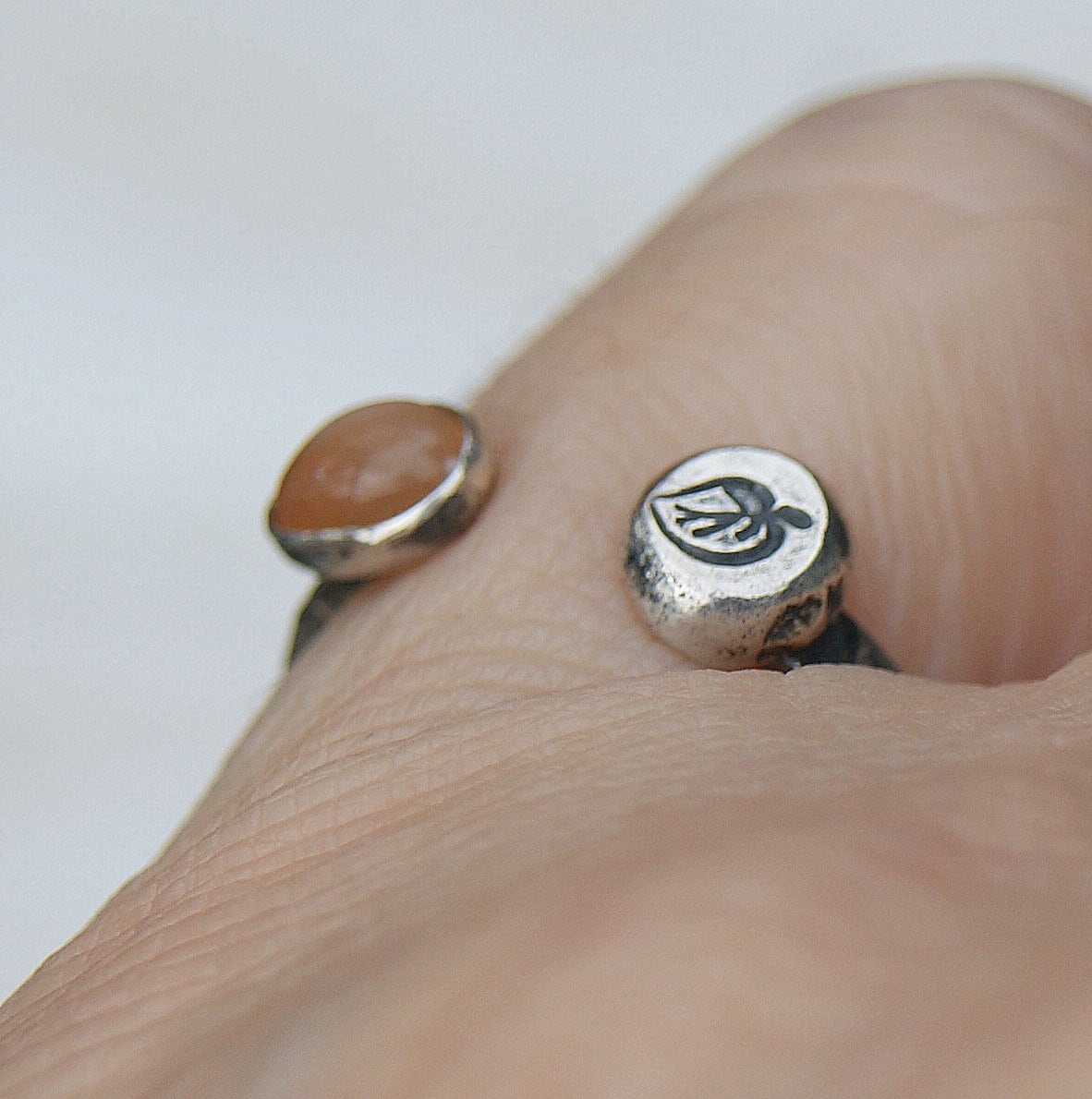 Orange Moonstone Ring, Two Eyed Ring, Open Band Rustic Ring, Solid Silver Leaf Ring