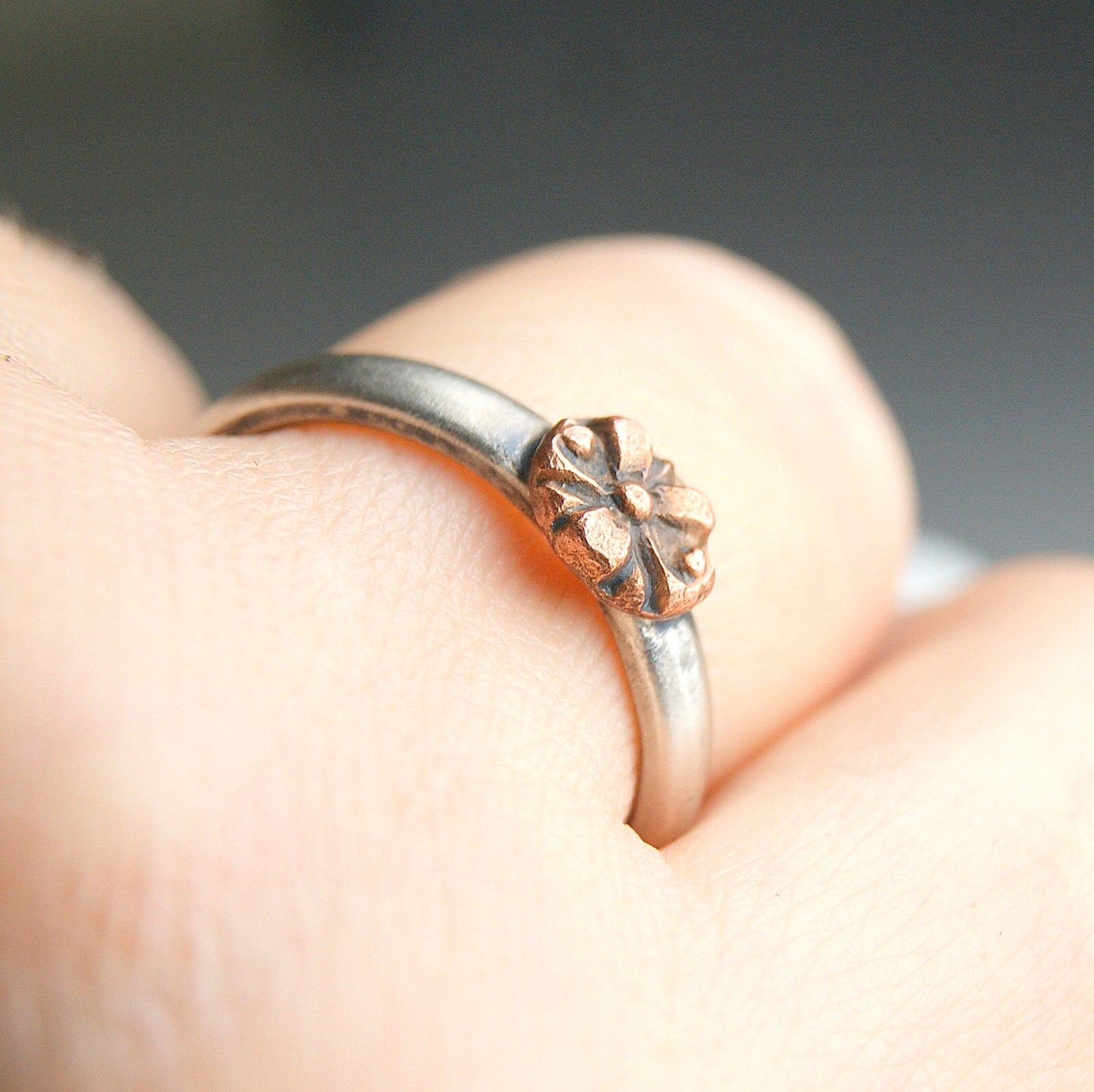 Mixed Metals Flower Ring, Sterling Silver and Copper Ring, Boho Rustic Jewellery