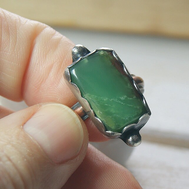 Green Stone Ring, Chrysoprase Ring, Sterling Silver Rustic Jewellery