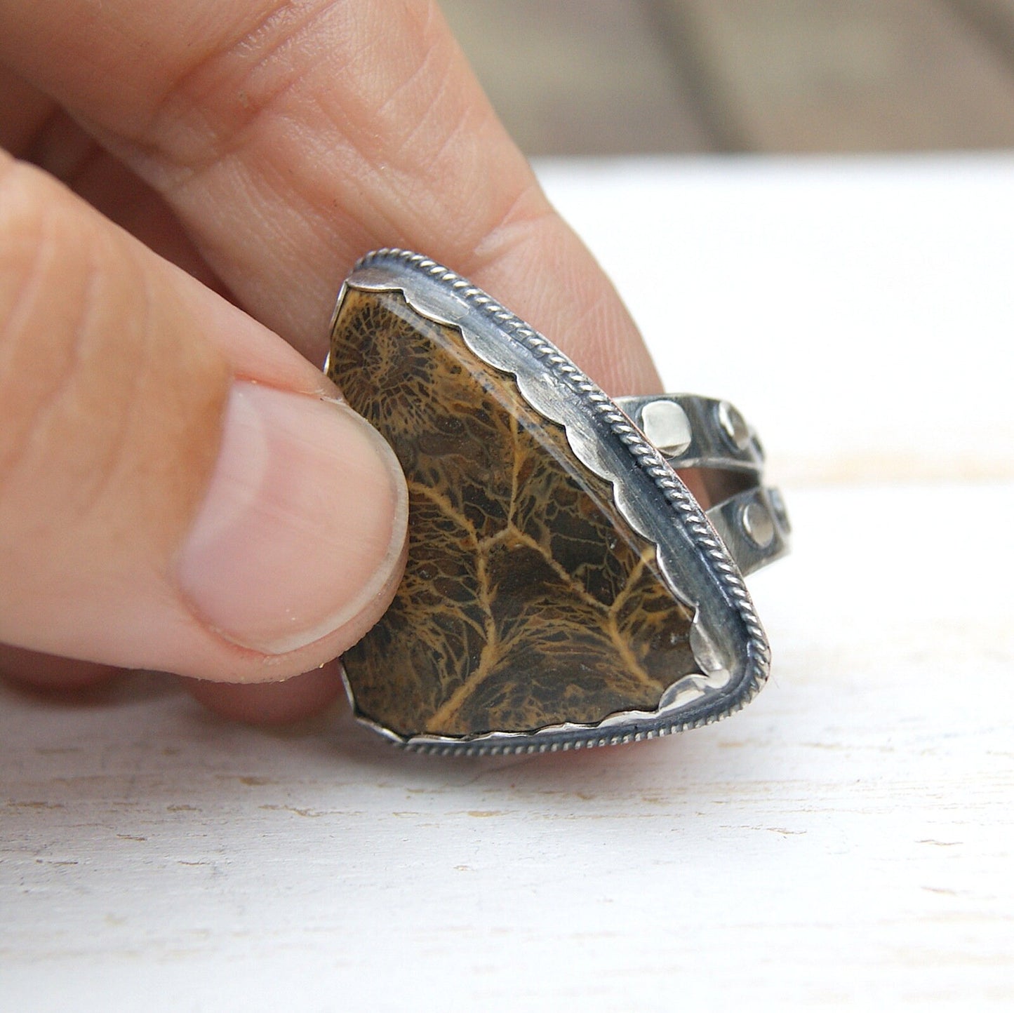 Large Sterling Silver Ring, Fossil Coral Ring, Brown Gemstone Rustic Jewellery