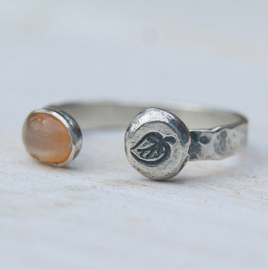 Orange Moonstone Ring, Two Eyed Ring, Open Band Rustic Ring, Solid Silver Leaf Ring