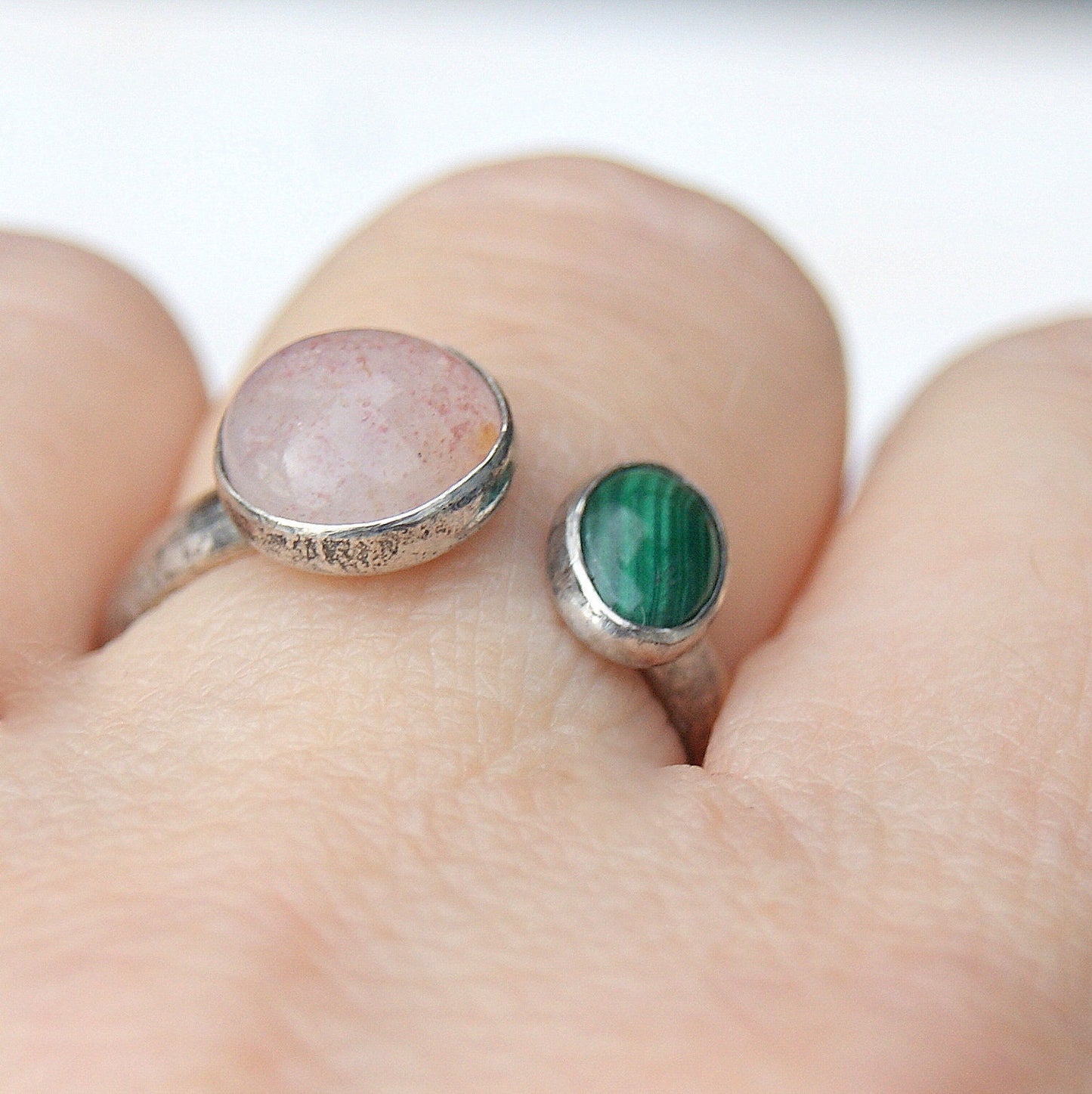 Dual Stone Ring, Malachite and Strawberry Quartz, Open Band Ring, Sterling Silver Jewellery