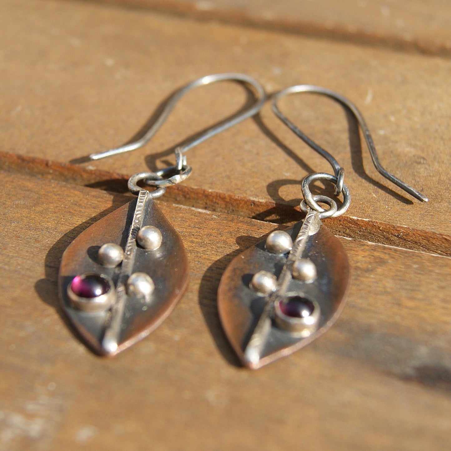 Garnet Drop Earrings, Hand Forged Leaf Earrings, Mix Metals Jewellery, Silver and Copper Jewellery