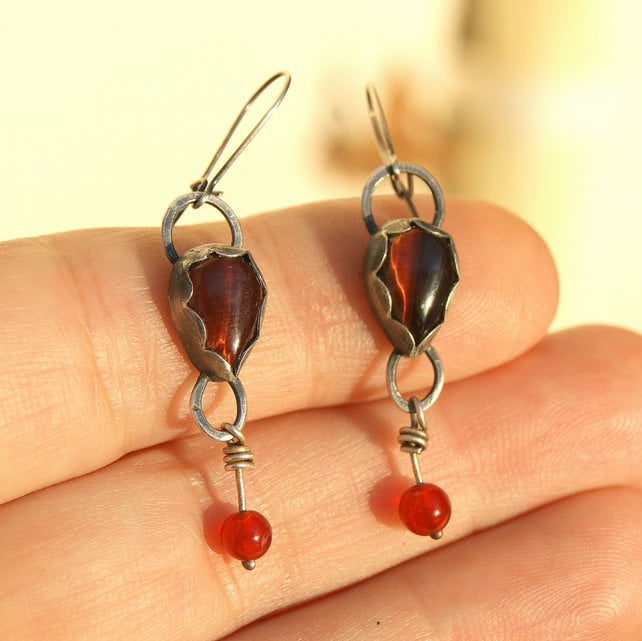 Red Tiger’s Eye and Carnelian Earrings, Sterling Silver Dangle Earrings