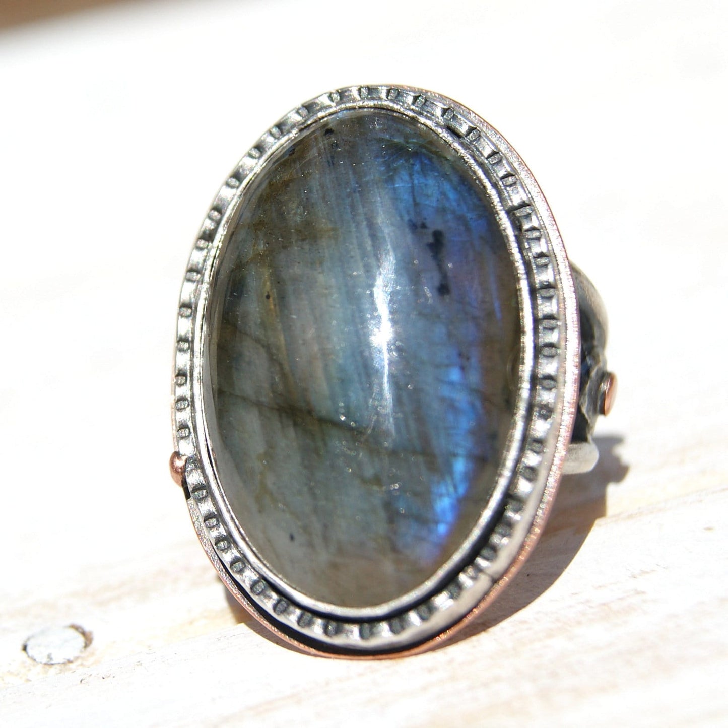 Large Labradorite Ring in Sterling Silver and Copper, Ring Size Q or 8