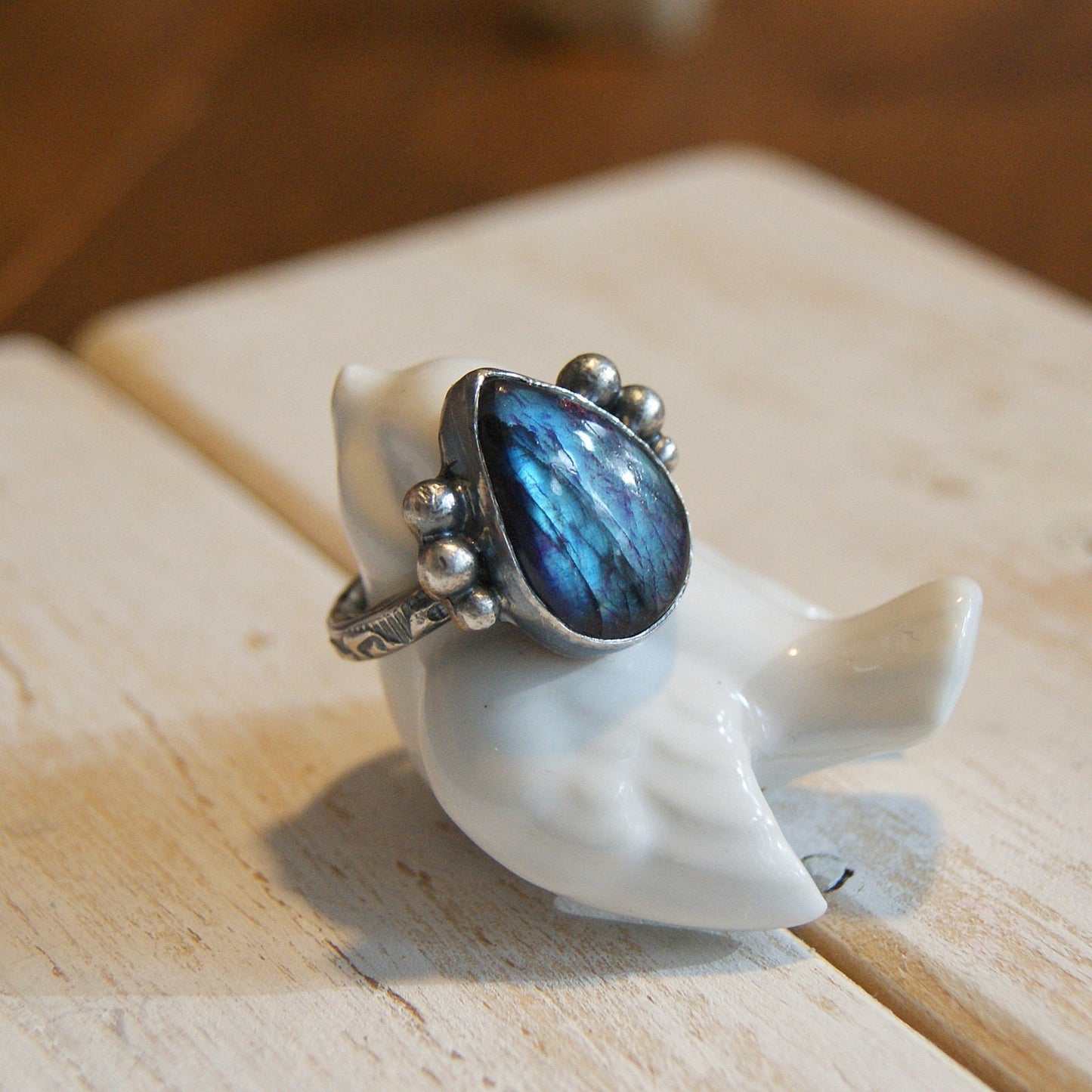 Tear Labradorite Ring, Boho Jewellery, Hammered Silver Ring