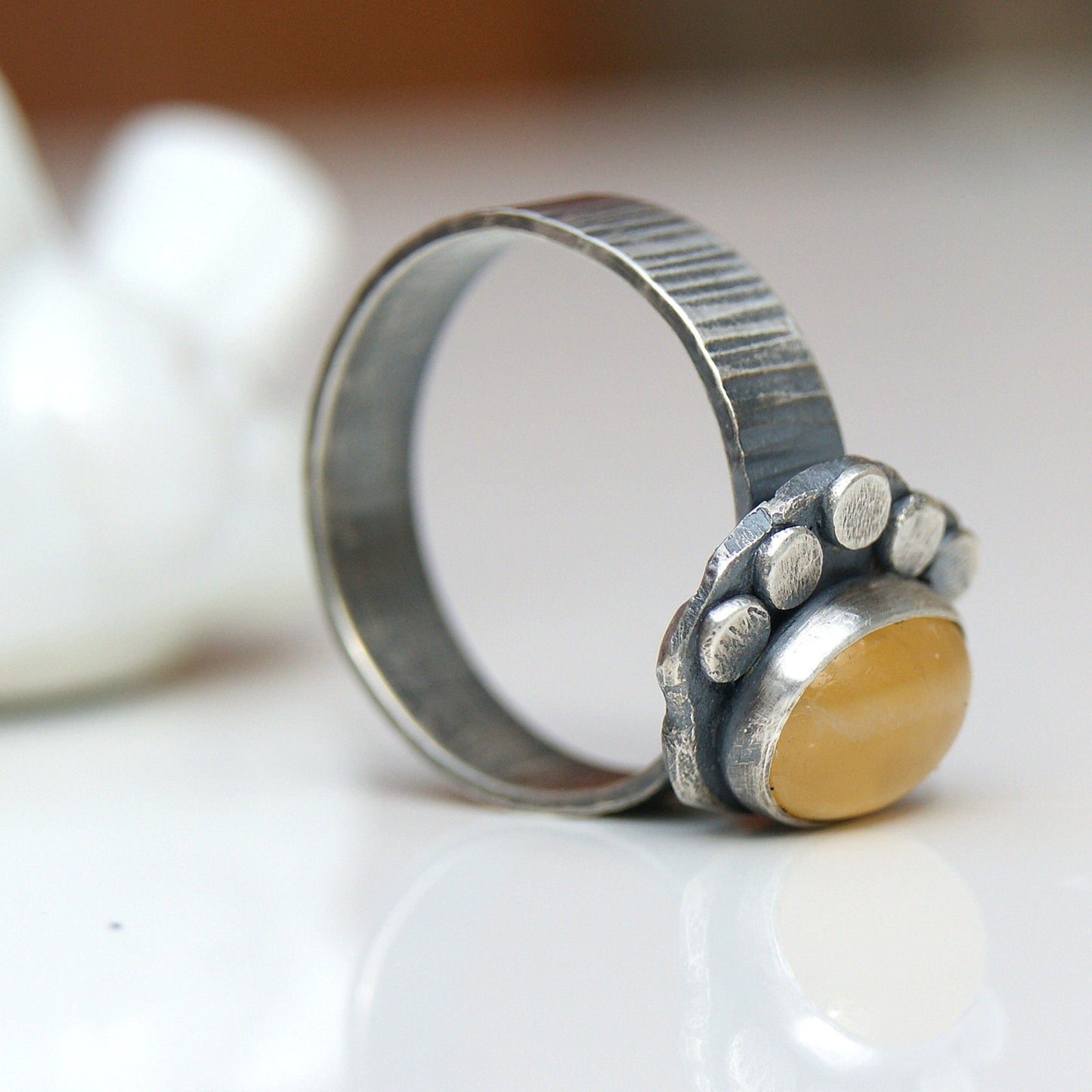 Flower Rustic Ring, Yellow Aragonite Ring, Boho Silver Jewellery