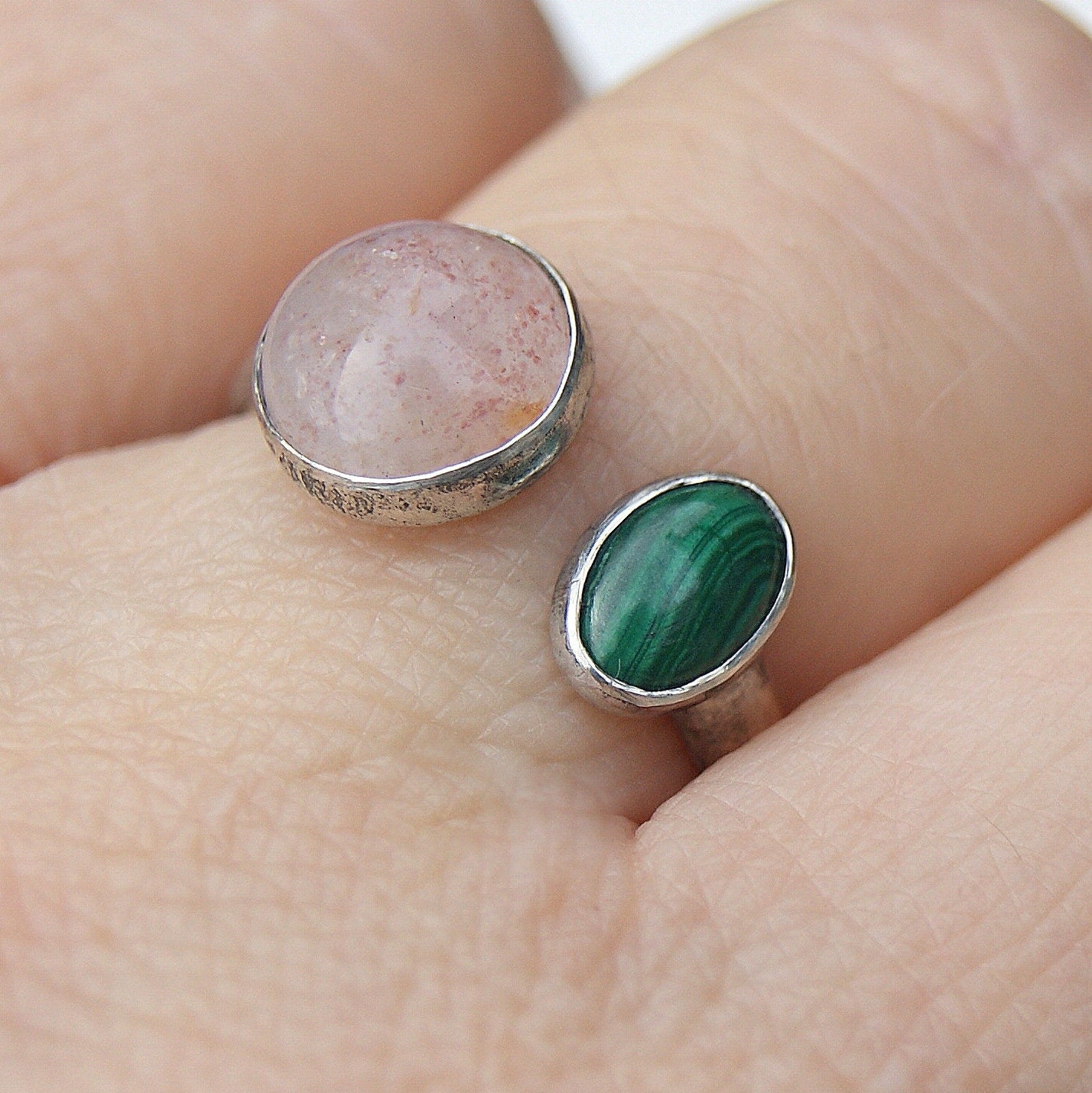 Dual Stone Ring, Malachite and Strawberry Quartz, Open Band Ring, Sterling Silver Jewellery