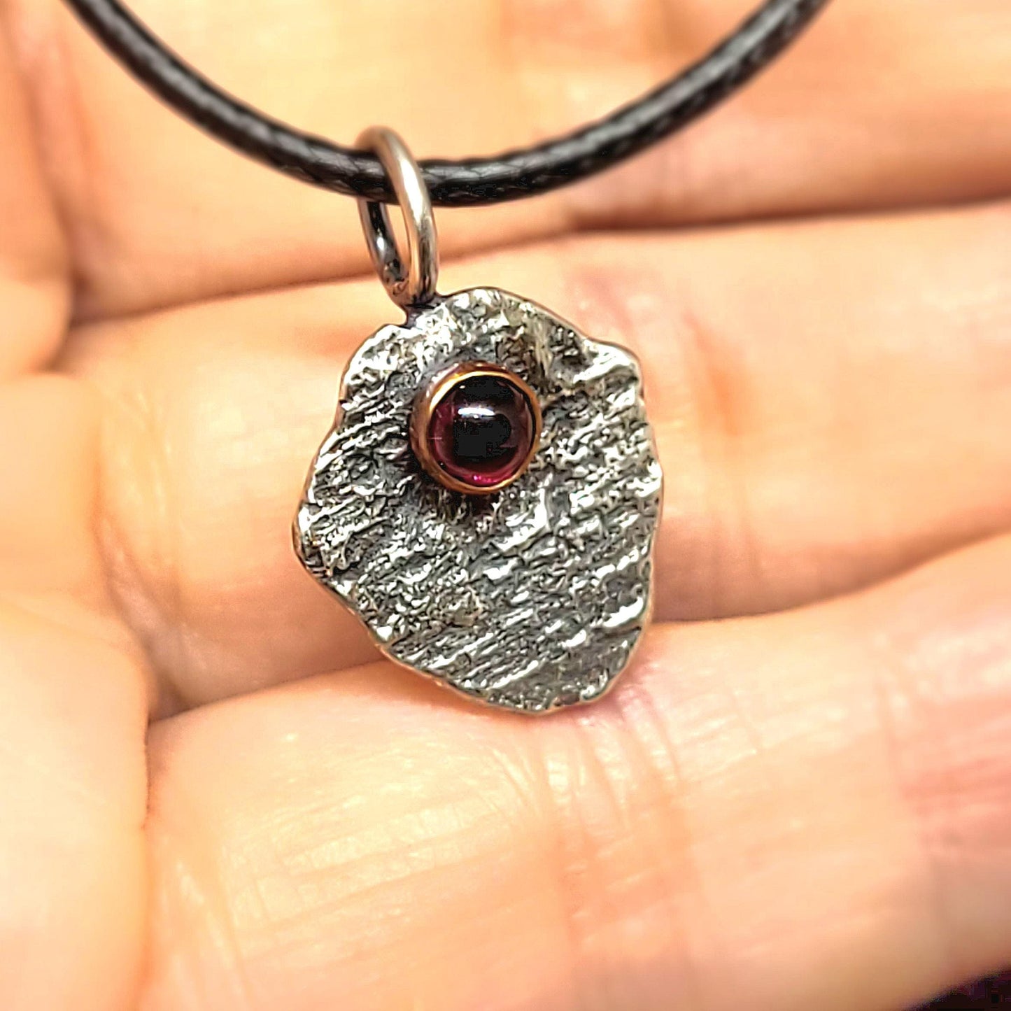 Garnet Gemstone Pendant, Sterling Silver Organic Necklace, Small Rustic Pendant, Boho Necklace, Delicate Oxidised Pendant