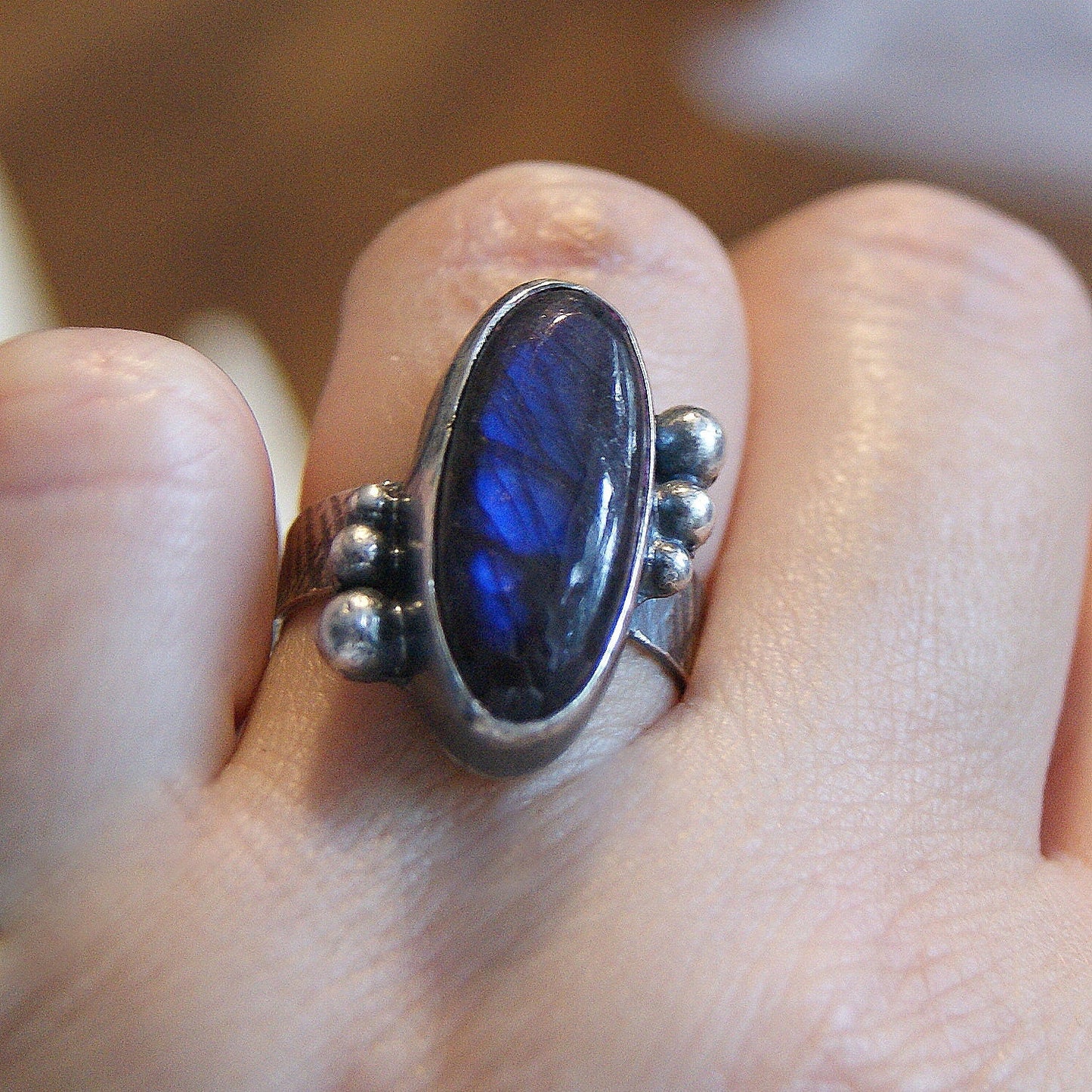 Labradorite Ring, Silver Oval Ring, Rustic Jewellery