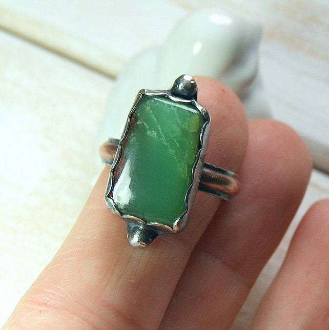 Green Stone Ring, Chrysoprase Ring, Sterling Silver Rustic Jewellery