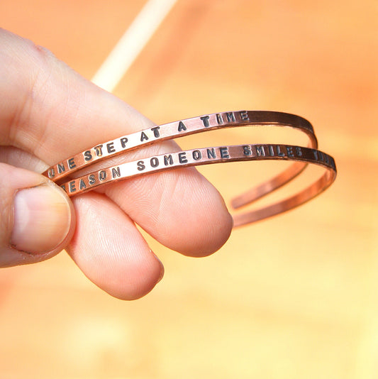 Stamped Copper Bracelet, Thin Bracelet, Cuff Bracelet, Inspirational Quote