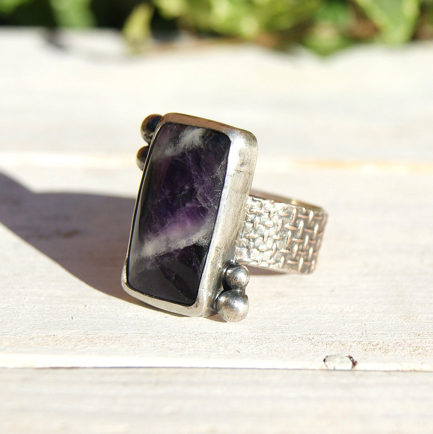 Large Amethyst Ring, Rustic Jewellery, February Birthstone Ring, Sterling Silver Ring