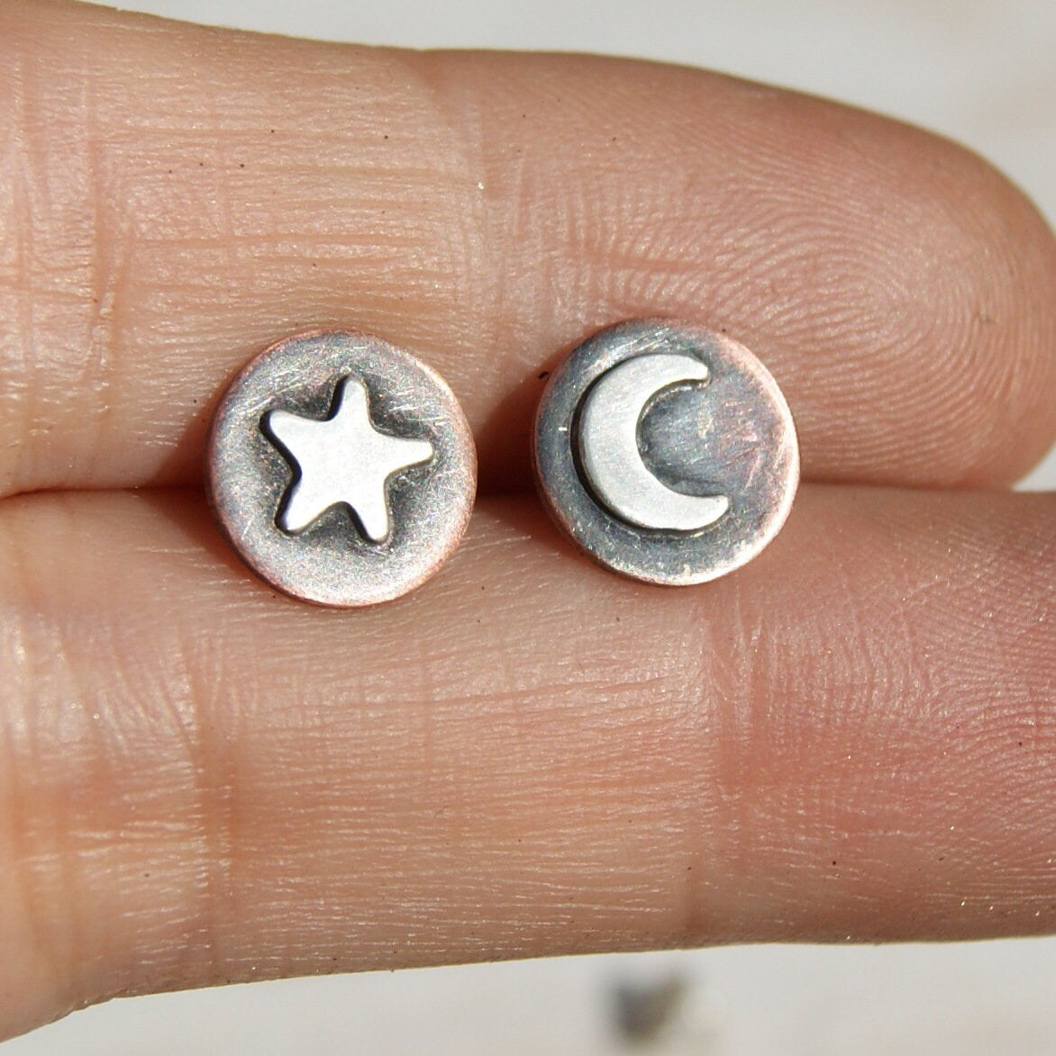 Celestial Earrings, Oxidised Star and Moon Studs, Copper and Silver Stud Earrings