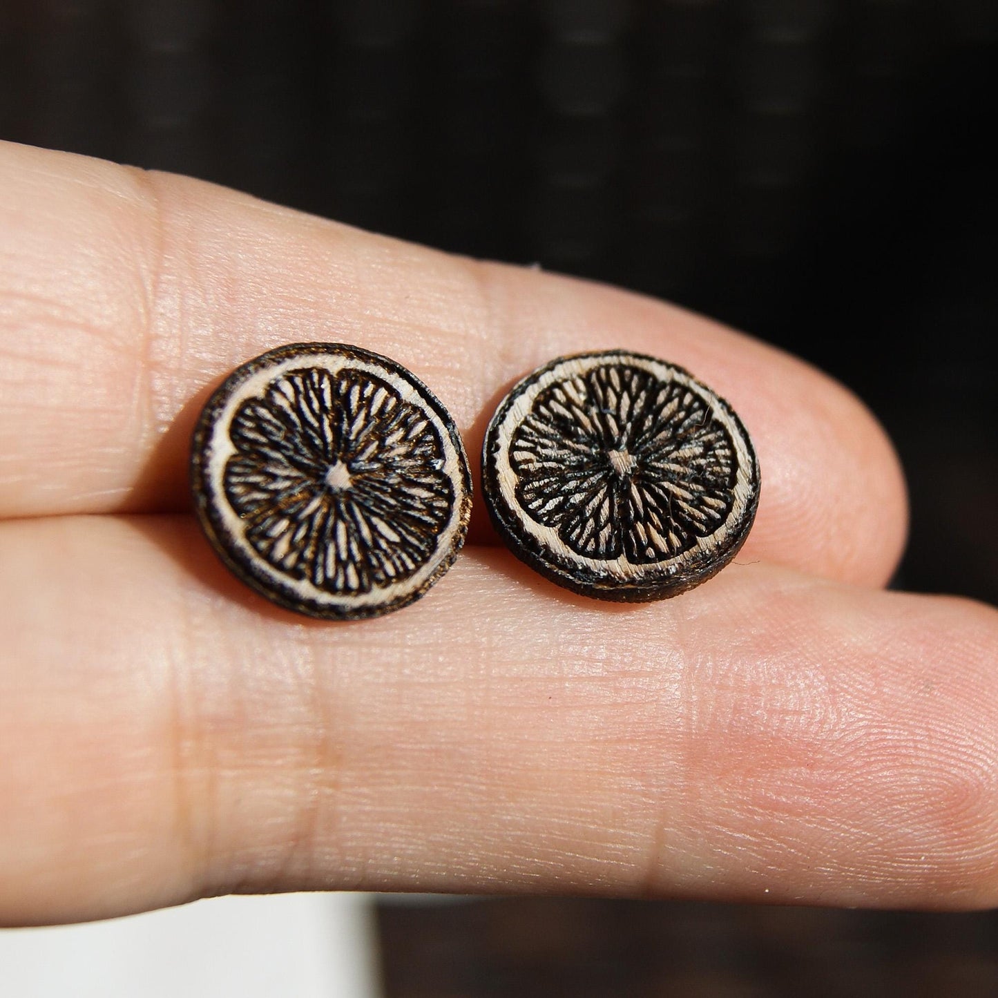 Orange Fruit Boho Earrings, Wooden Stud Earrings, Laser Engraved Earrings, Celestial Jewellery