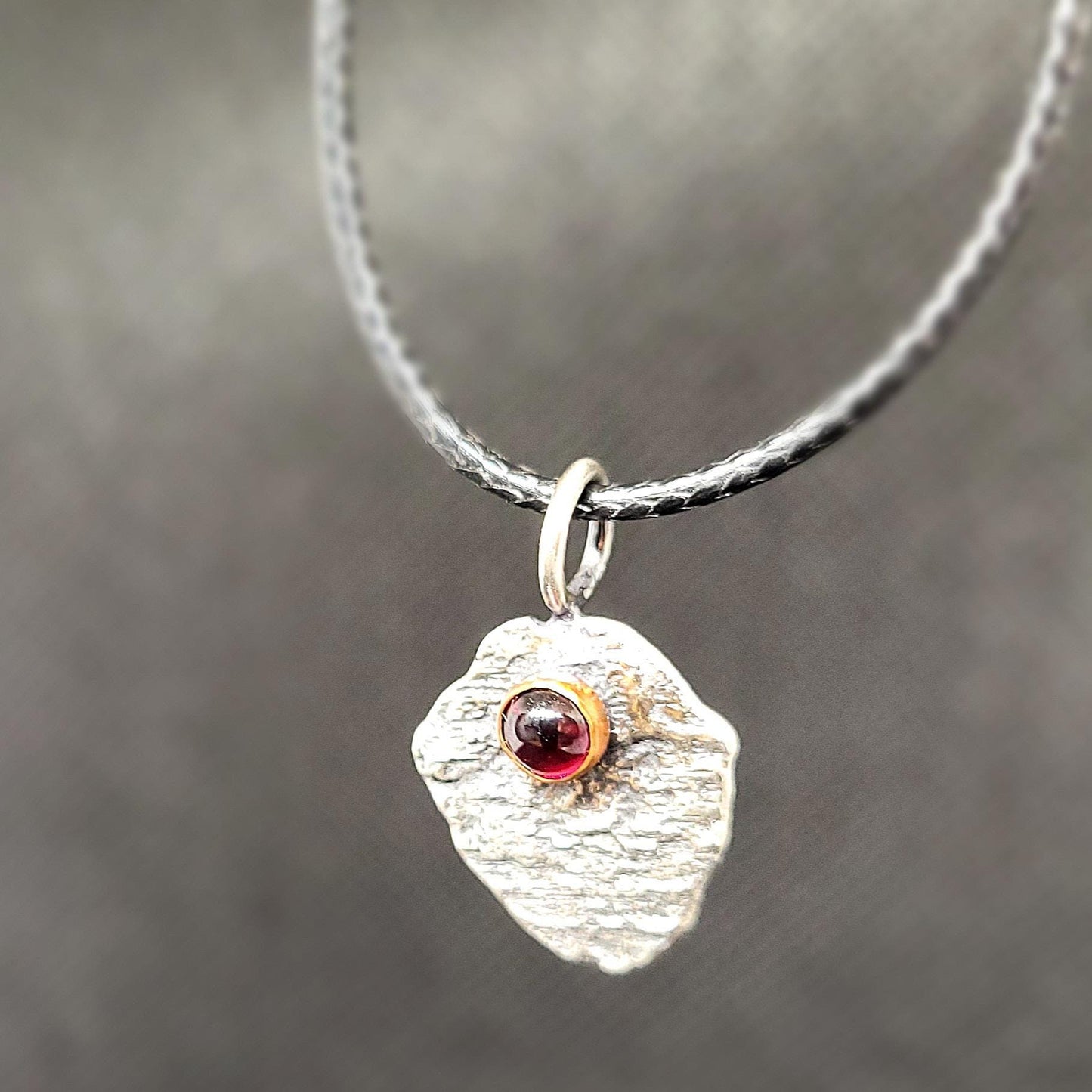 Garnet Gemstone Pendant, Sterling Silver Organic Necklace, Small Rustic Pendant, Boho Necklace, Delicate Oxidised Pendant