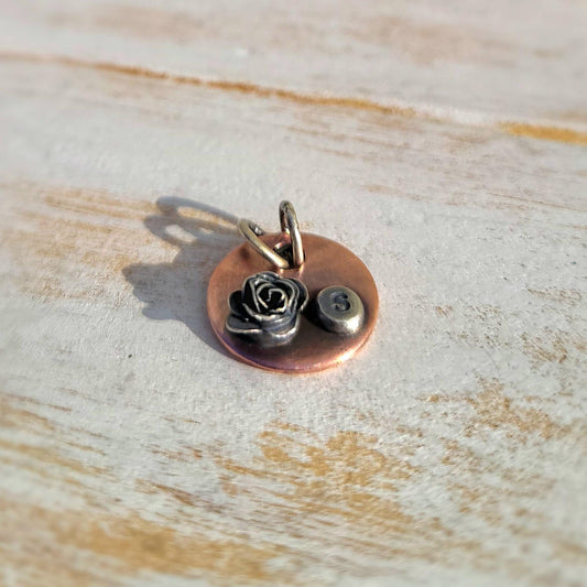 Necklace with Initial, Silver Rose Pendant, Sterling Silver and Pure Copper, S Initial Last Piece