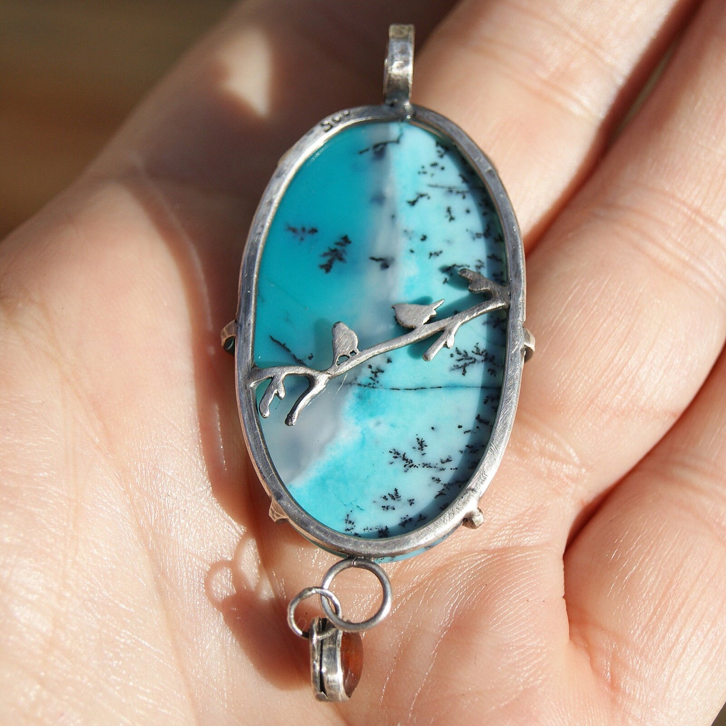 Blue Dendritic Opal Necklace, Brown Hessonite Garnet Pendant, Sterling Silver Rustic Pendant