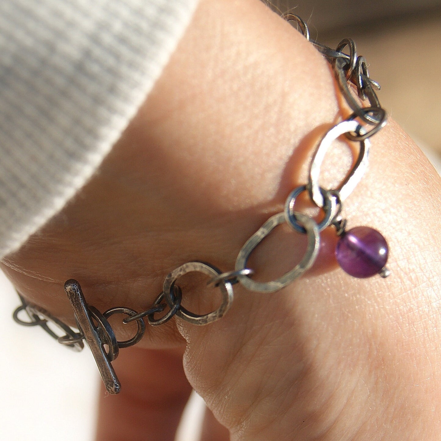 Amethyst Hand Forged Bracelet, Silver Links Bracelet, Love Heart Jewellery