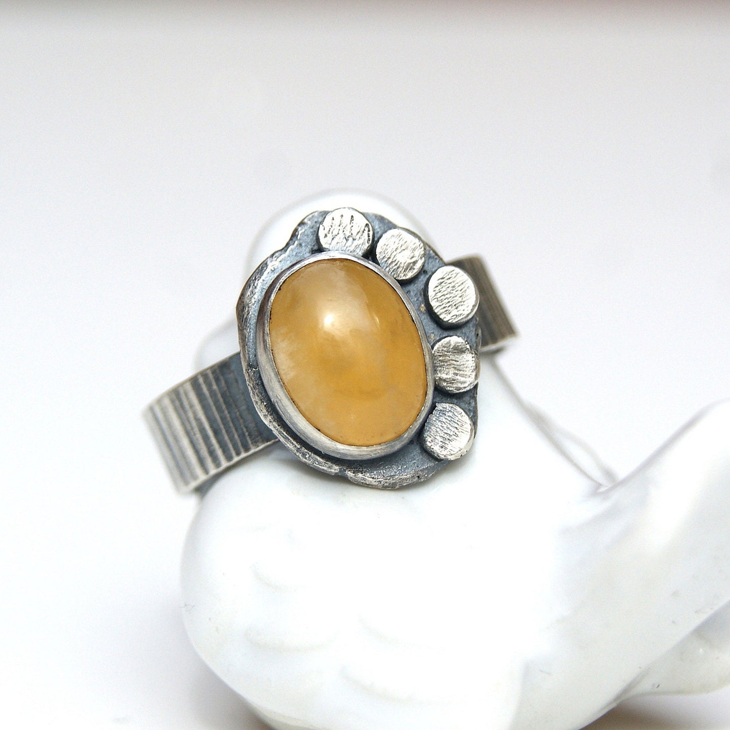 Flower Rustic Ring, Yellow Aragonite Ring, Boho Silver Jewellery