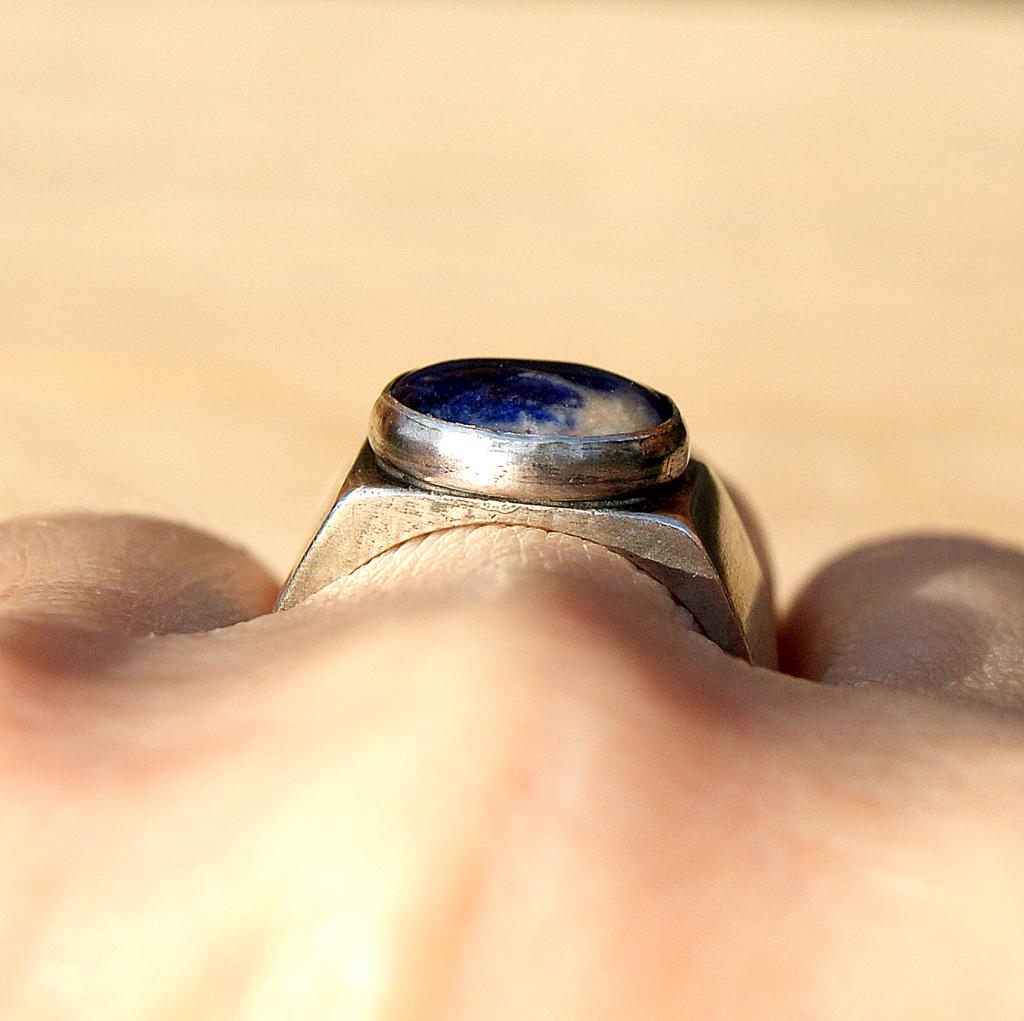 Heavy Silver Signet Ring, Hallmarked Signet with Sodalite Stone, Oxidised Jewellery, Blue Stone Ring