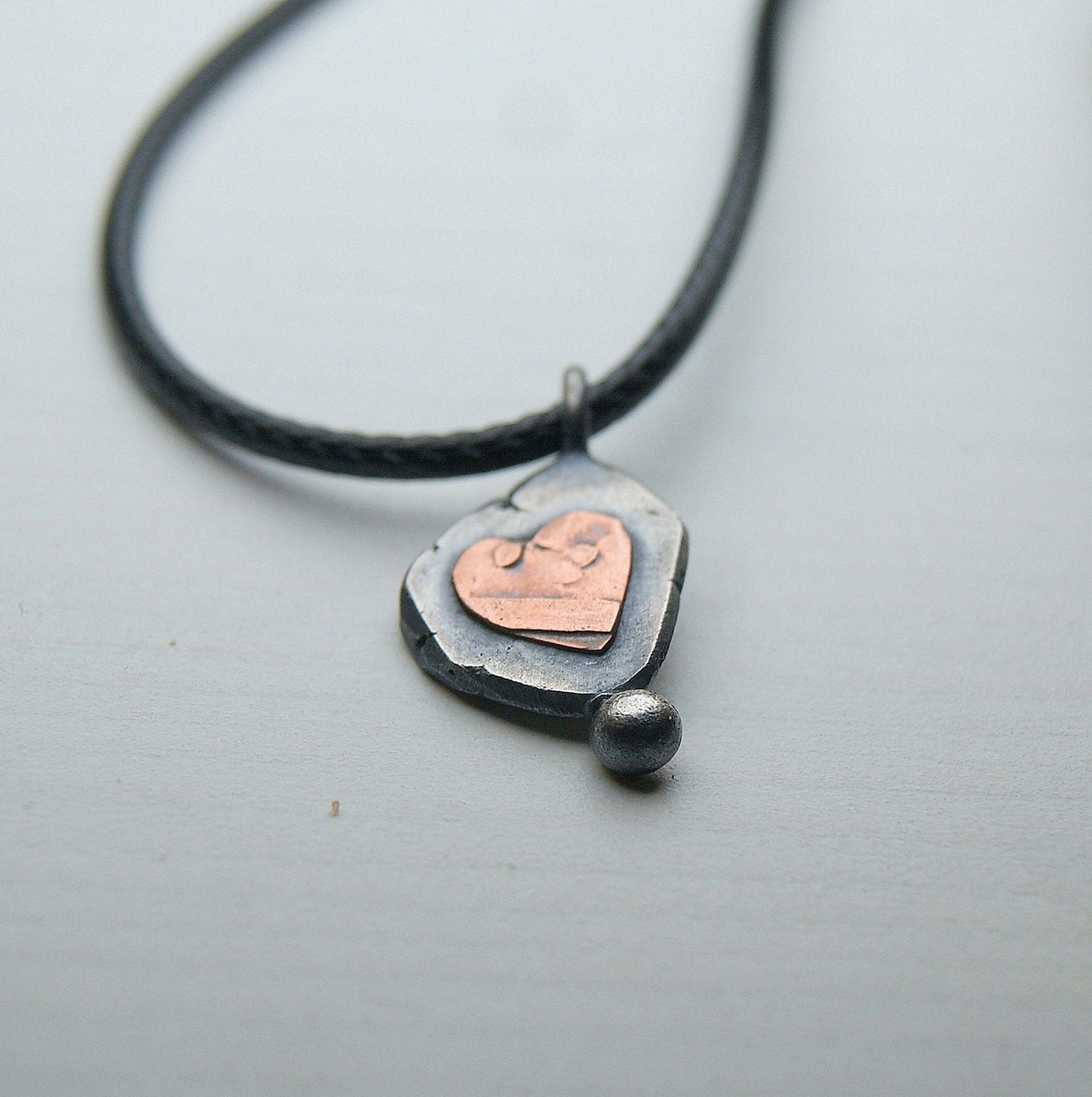 Boho Heart Necklace, Sterling Silver Organic Necklace, Tiny Heart Pendant, Silver and Copper Rustic Pendant, Delicate Oxidised Pendant