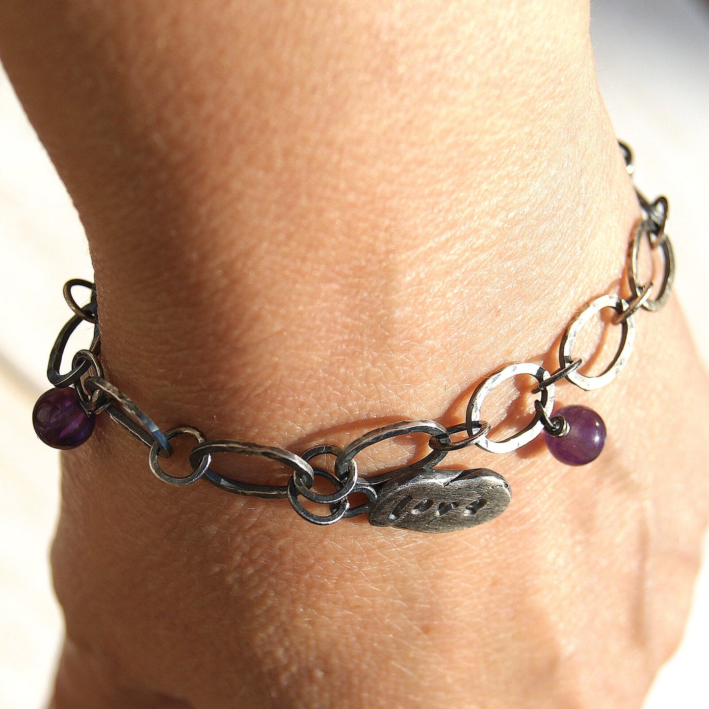 Amethyst Hand Forged Bracelet, Silver Links Bracelet, Love Heart Jewellery