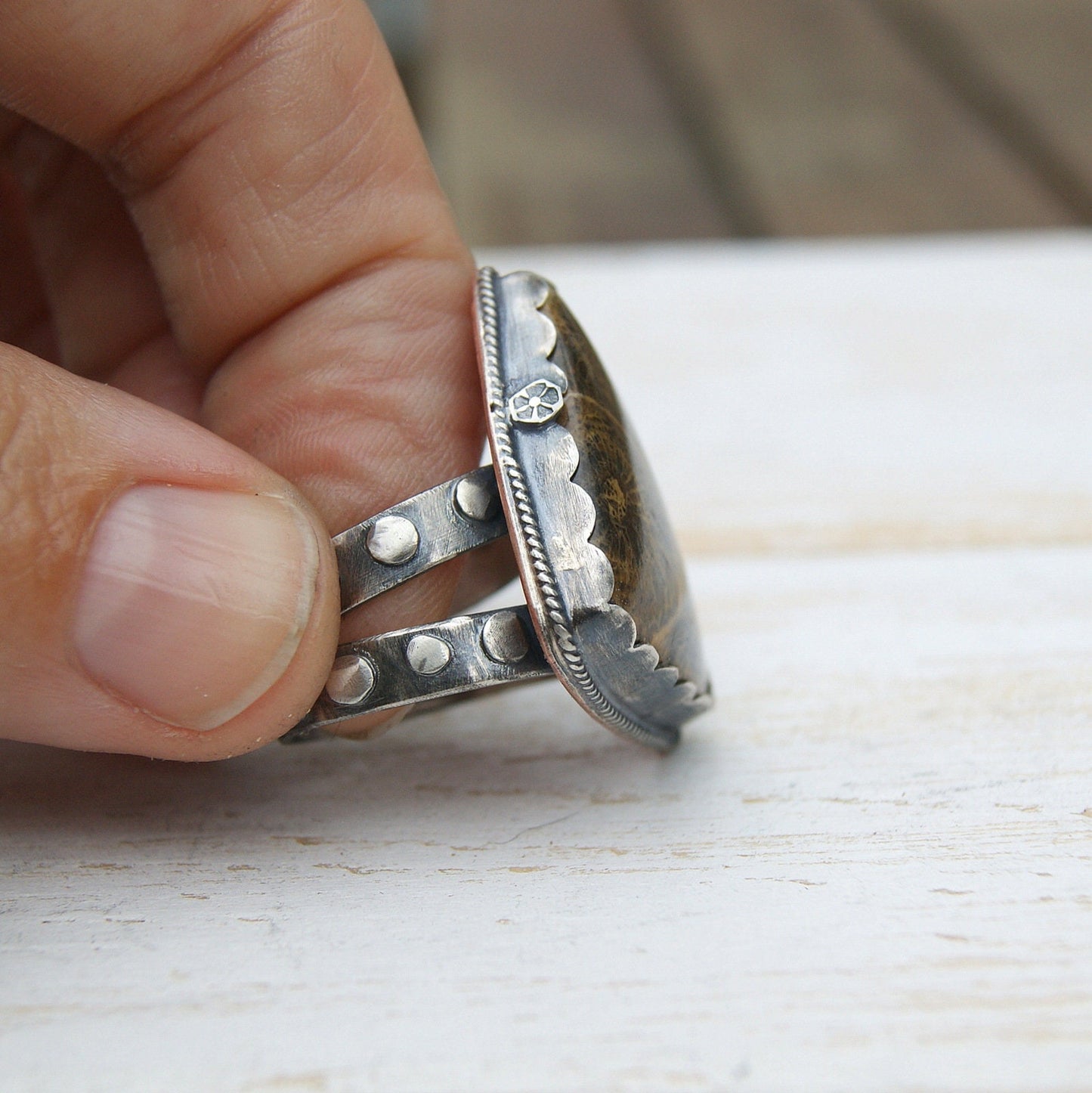 Large Sterling Silver Ring, Fossil Coral Ring, Brown Gemstone Rustic Jewellery