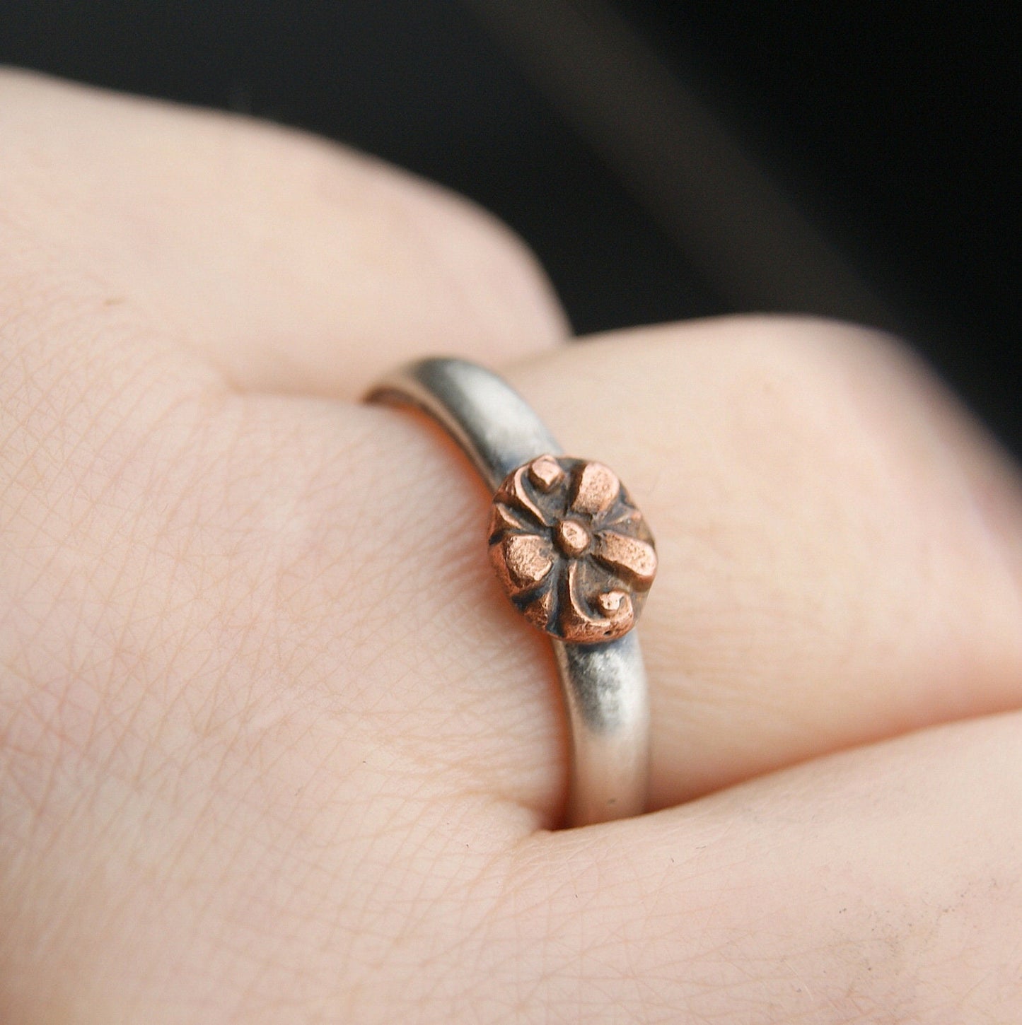 Mixed Metals Flower Ring, Sterling Silver and Copper Ring, Boho Rustic Jewellery