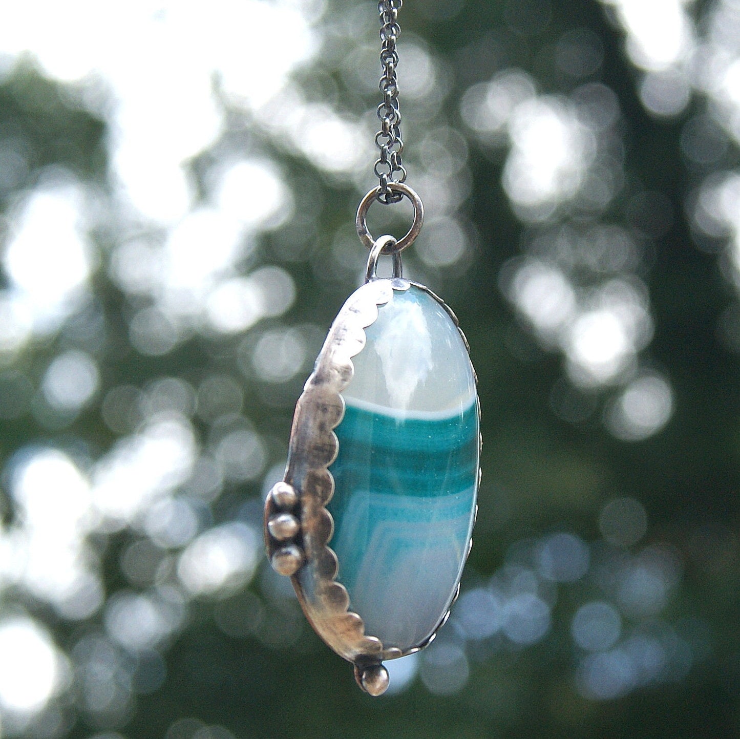 Blue Green Banded Onyx Necklace, Silver and Copper Rustic Pendant