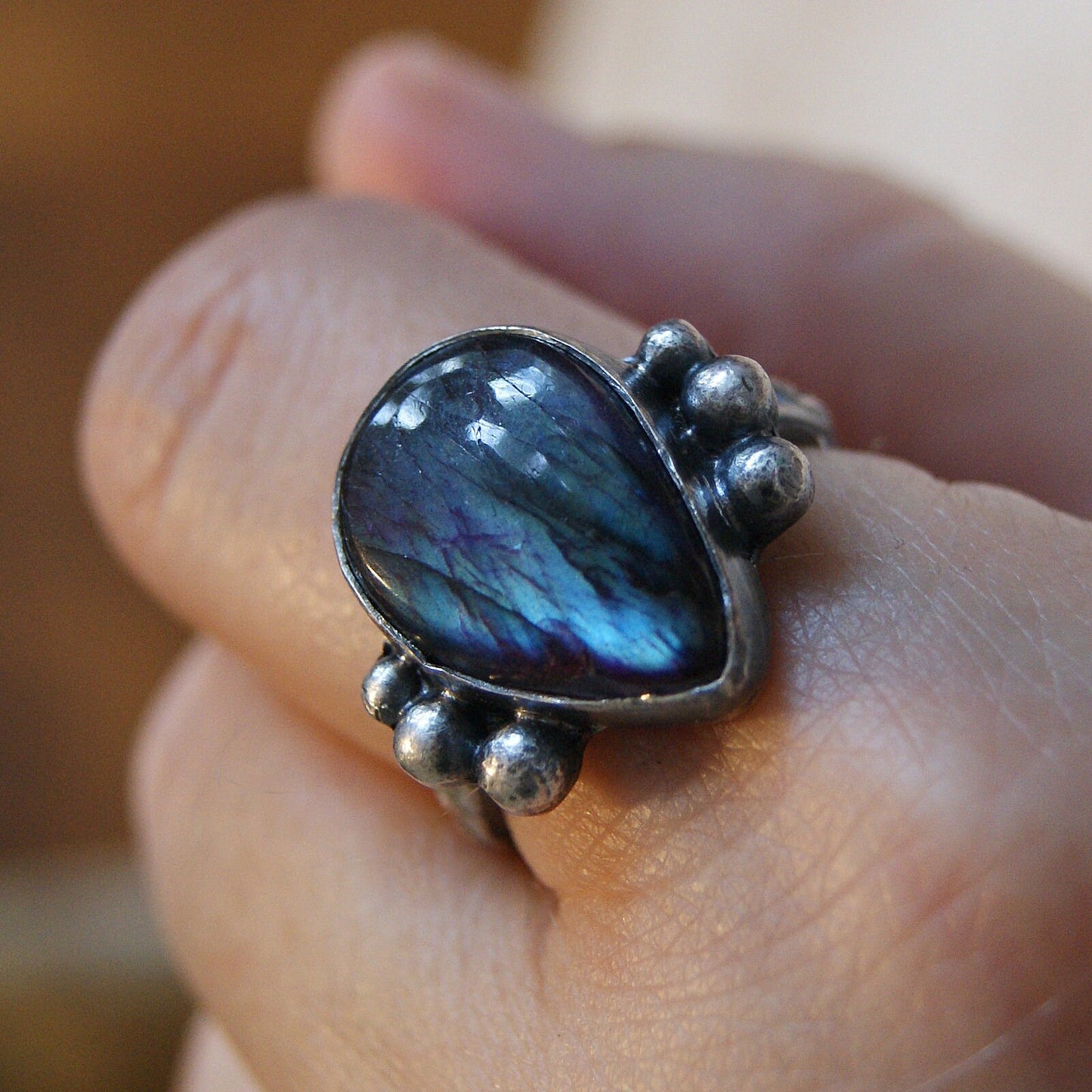 Tear Labradorite Ring, Boho Jewellery, Hammered Silver Ring