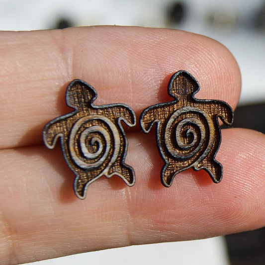 Spiral Turtle Boho Earrings, Mens Earrings, Wooden Stud Earrings, Laser Engraved Earrings