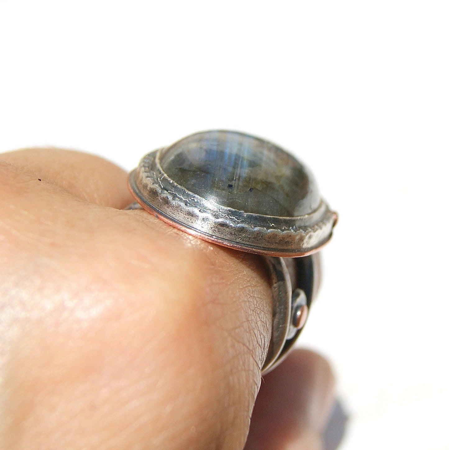 Large Labradorite Ring in Sterling Silver and Copper, Ring Size Q or 8