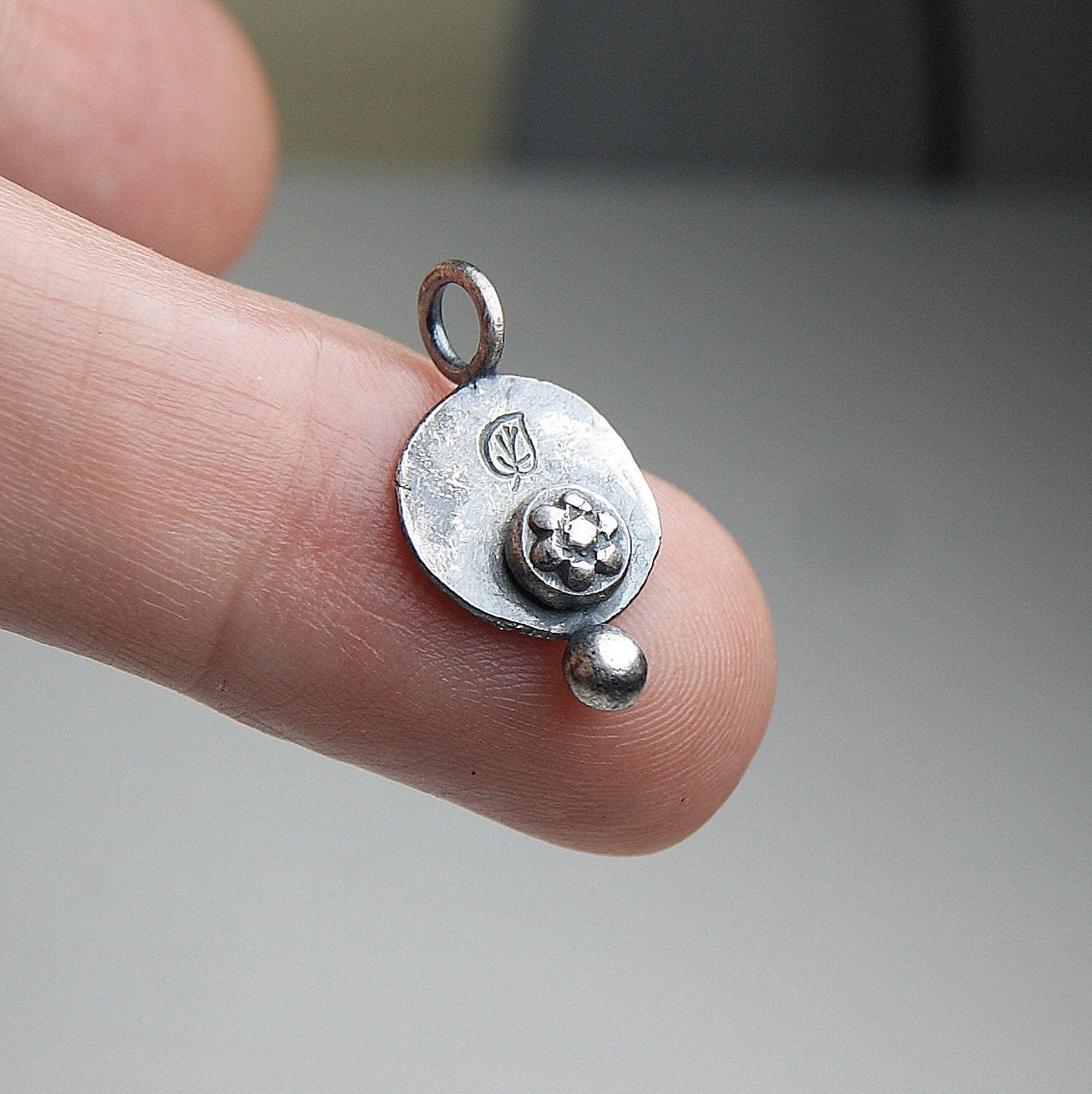 Boho Necklace, Delicate Oxidised Pendant, Sterling Silver Flower Pendant, Silver Organic Necklace, Small Rustic Pendant