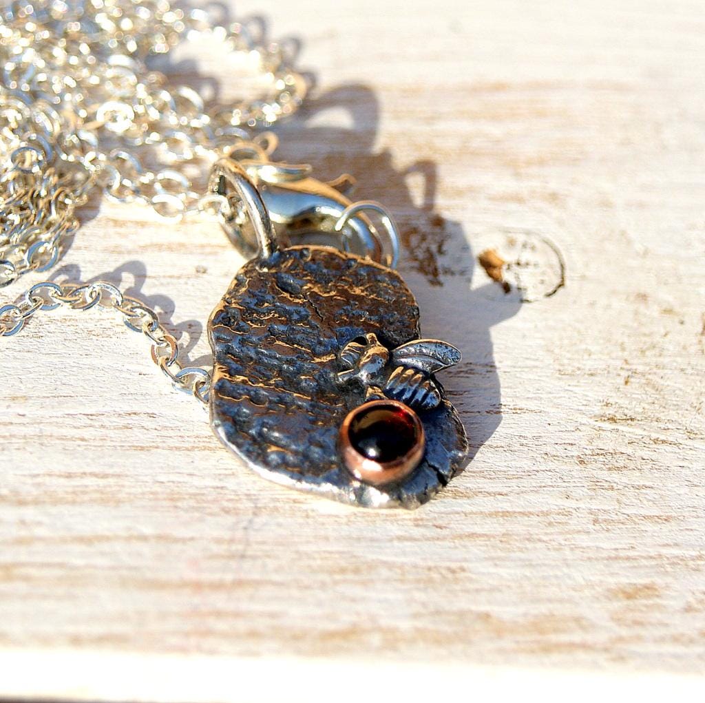 Garnet Bee Pendant, Delicate Oxidised Pendant, Sterling Silver Organic Necklace, Small Rustic Pendant, Boho Necklace