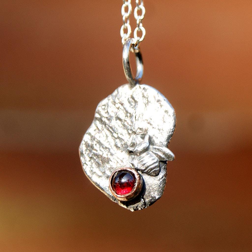 Garnet Bee Pendant, Delicate Oxidised Pendant, Sterling Silver Organic Necklace, Small Rustic Pendant, Boho Necklace