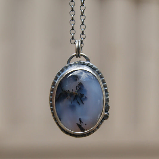 Black Moss Agate Necklace, Silver and Copper Pendant, Rustic Jewellery