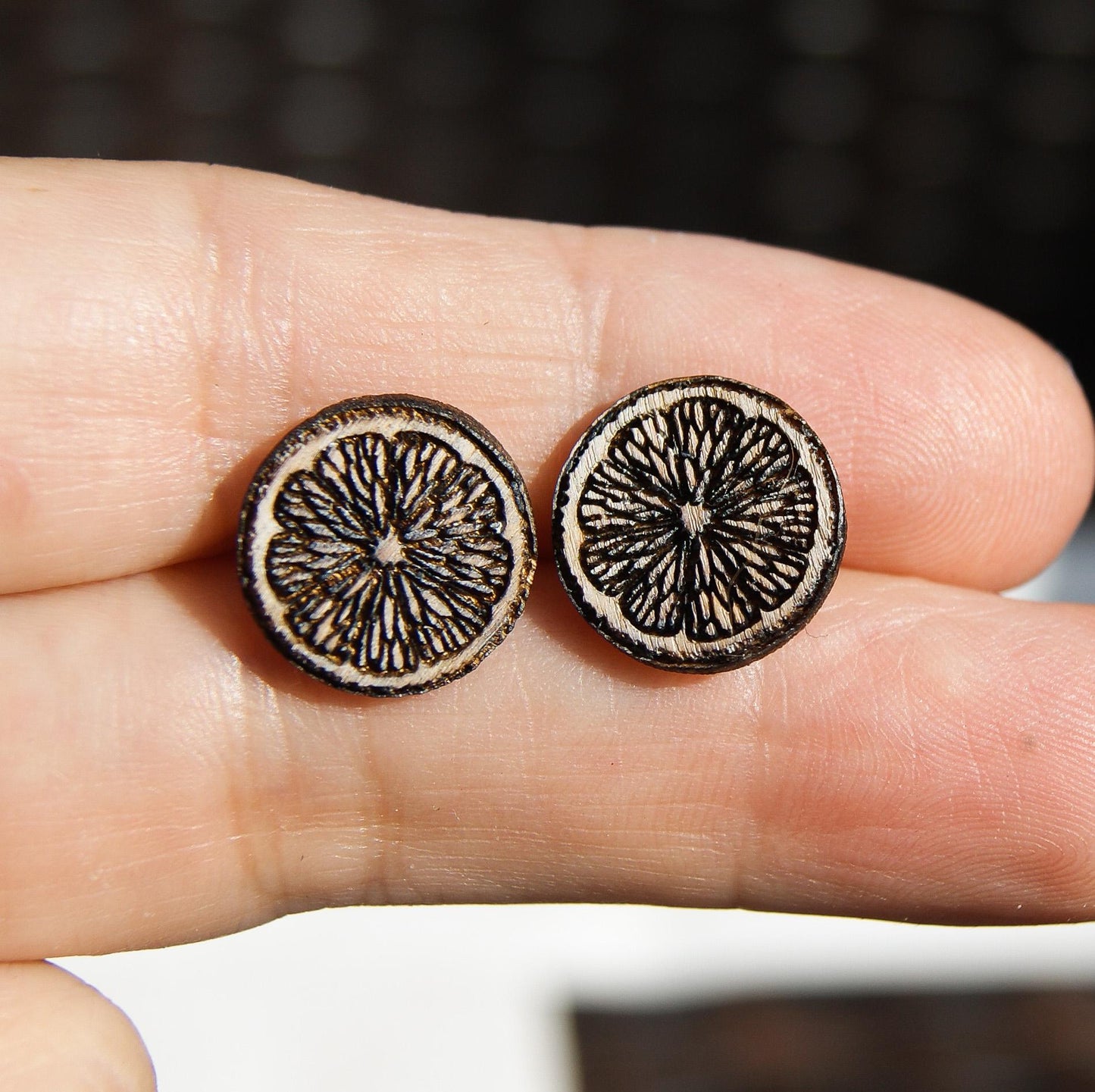 Orange Fruit Boho Earrings, Wooden Stud Earrings, Laser Engraved Earrings, Celestial Jewellery