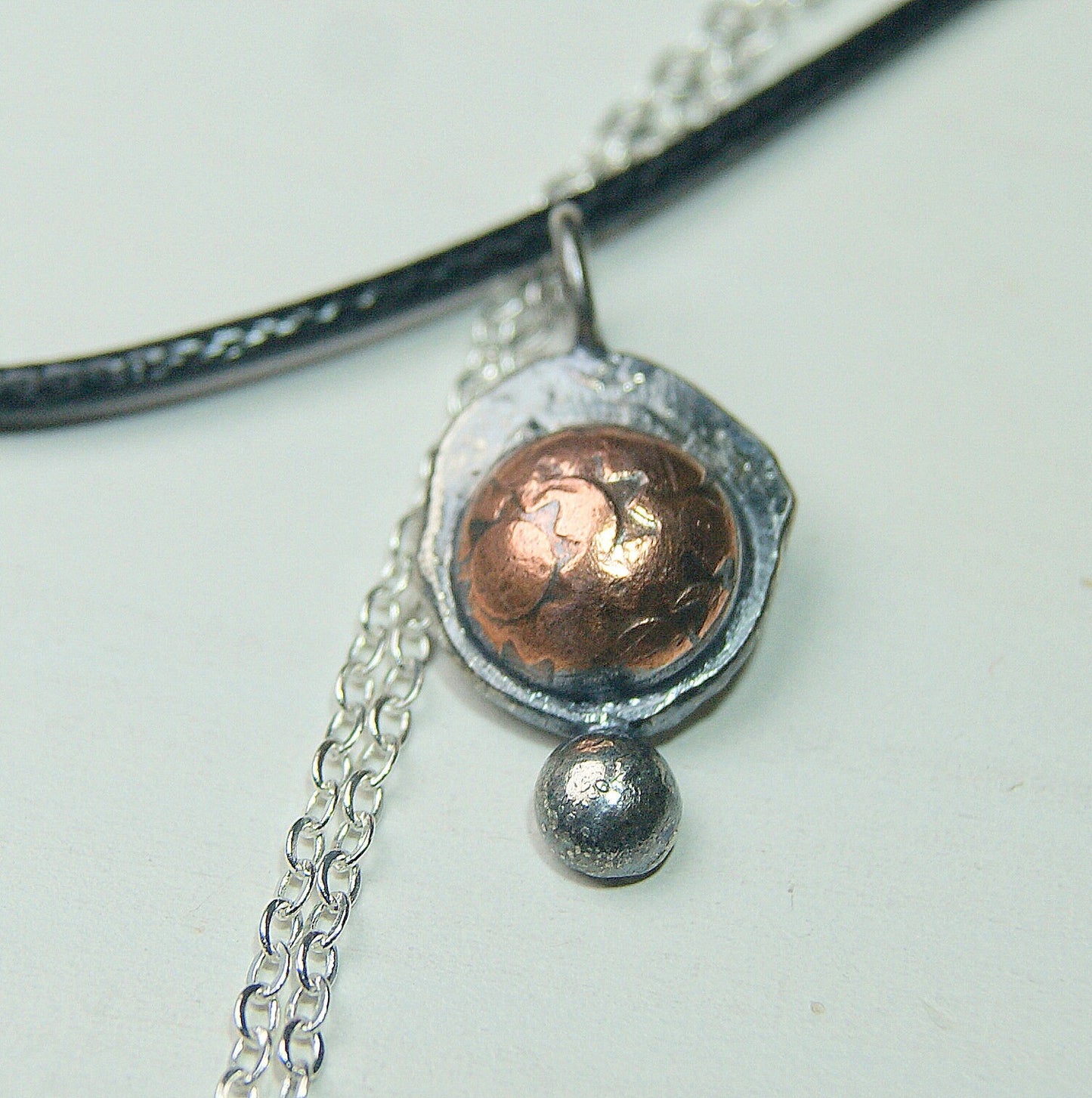 Boho Sunshine Necklace, Sterling Silver Organic Necklace, Silver and Copper Rustic Pendant, Delicate Oxidised Pendant