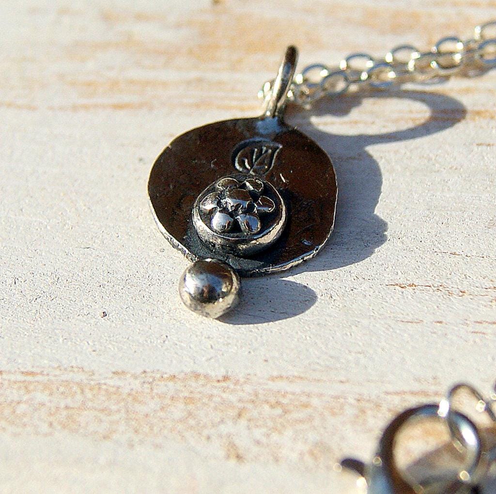 Boho Necklace, Delicate Oxidised Pendant, Sterling Silver Flower Pendant, Silver Organic Necklace, Small Rustic Pendant