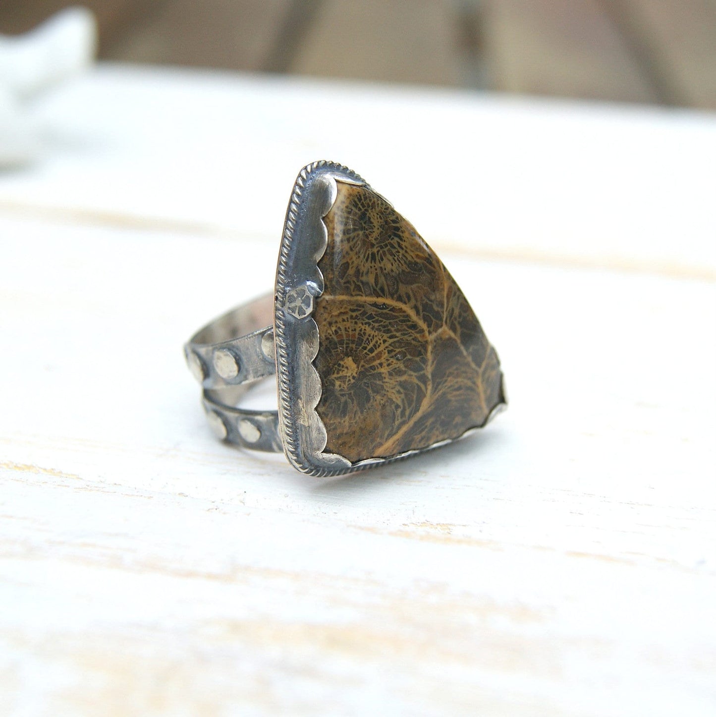 Large Sterling Silver Ring, Fossil Coral Ring, Brown Gemstone Rustic Jewellery