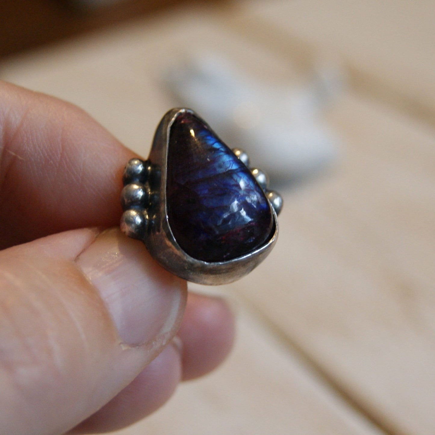 Tear Labradorite Ring, Boho Jewellery, Hammered Silver Ring