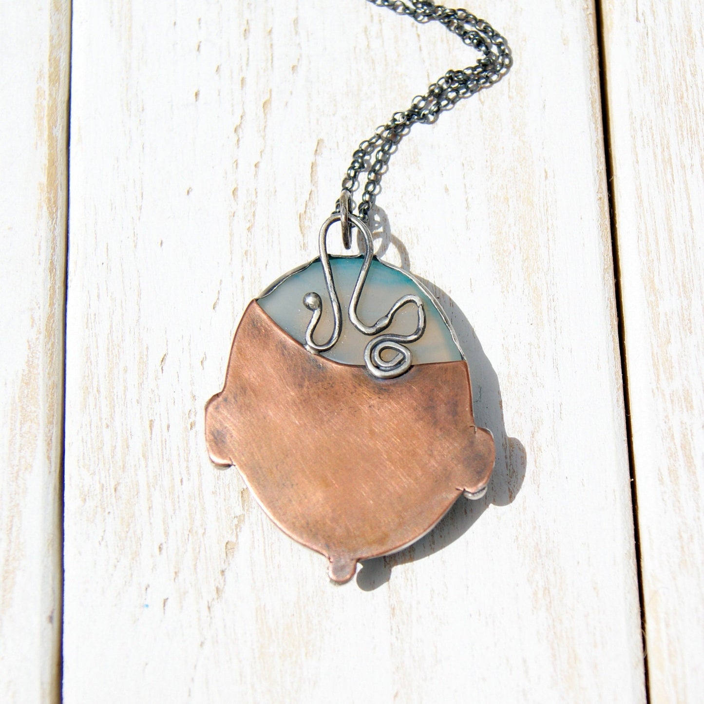 Blue Green Banded Onyx Necklace, Silver and Copper Rustic Pendant