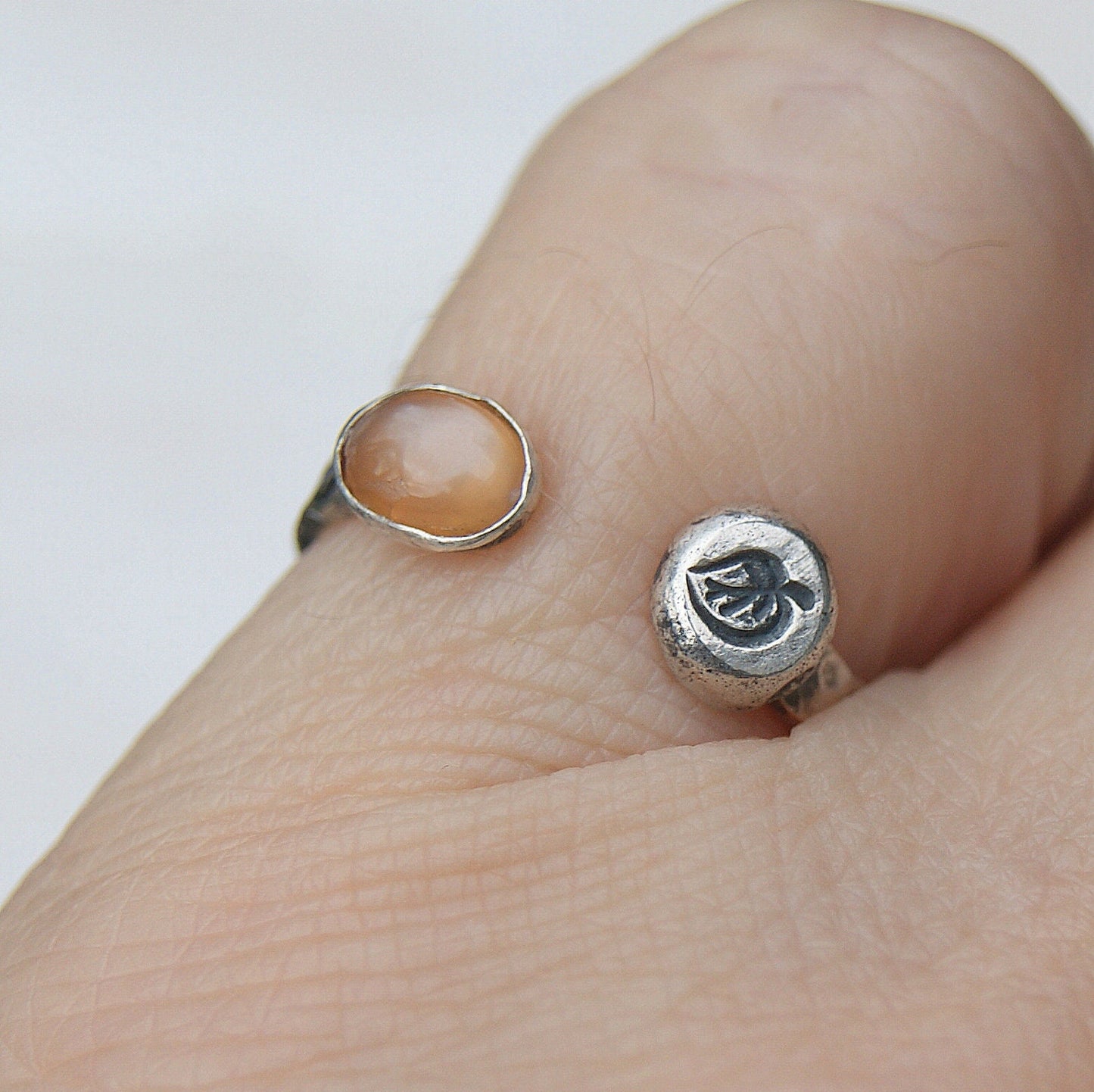 Orange Moonstone Ring, Two Eyed Ring, Open Band Rustic Ring, Solid Silver Leaf Ring