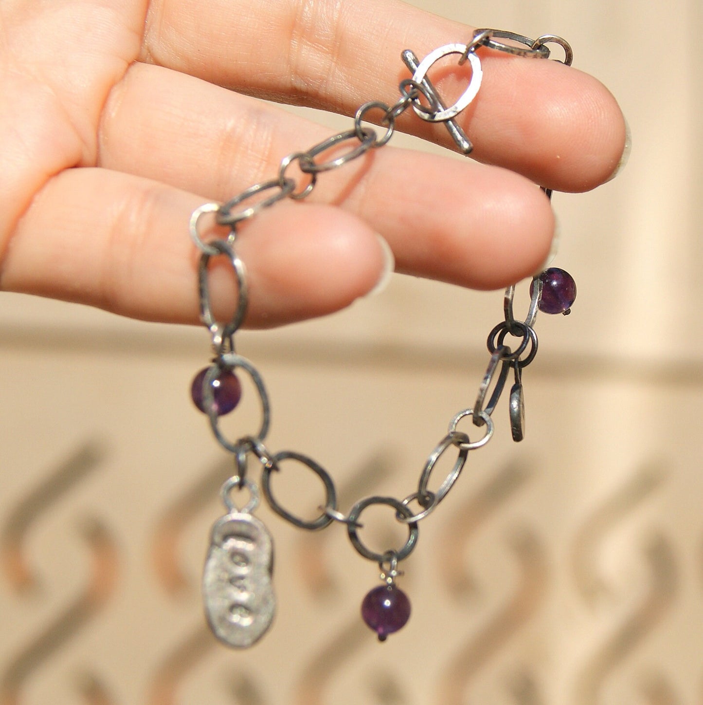 Amethyst Hand Forged Bracelet, Silver Links Bracelet, Love Heart Jewellery