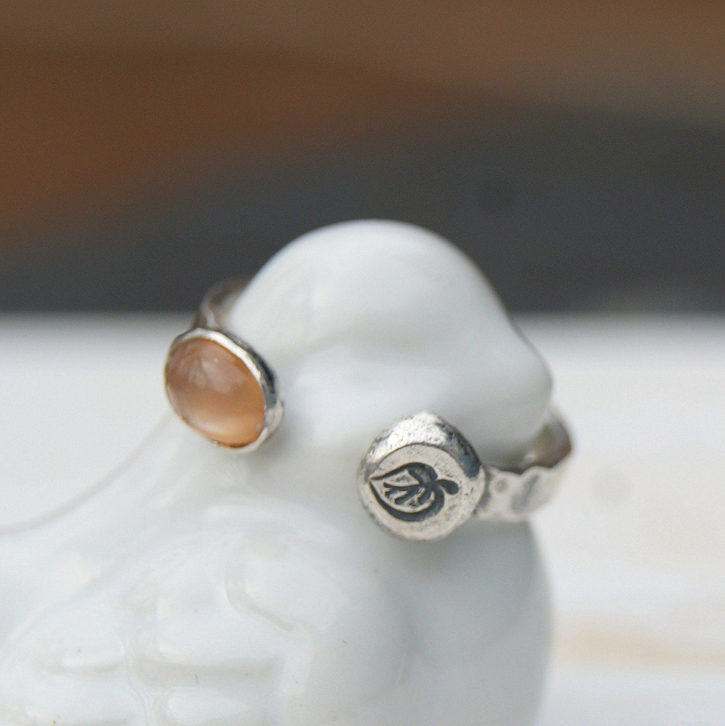 Orange Moonstone Ring, Two Eyed Ring, Open Band Rustic Ring, Solid Silver Leaf Ring